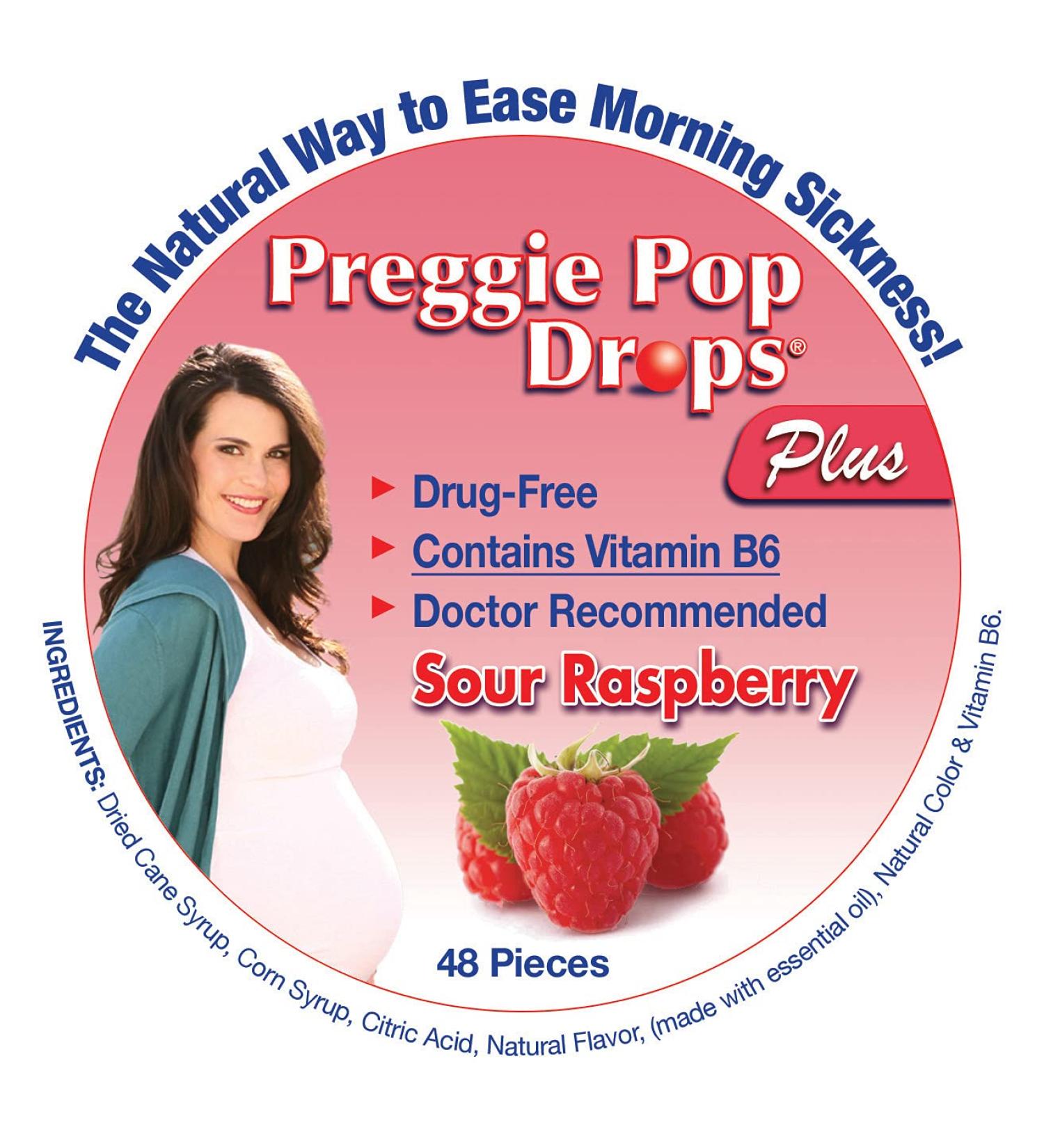 Preggie Pop Drops Morning Sickness Candy - Pregnancy Nausea Relief Drops Fortified with Vitamin B6. Morning Sickness Relief Preggie Pops Drops. Soothing Tummy Drops - Sour Raspberry, 48 Count