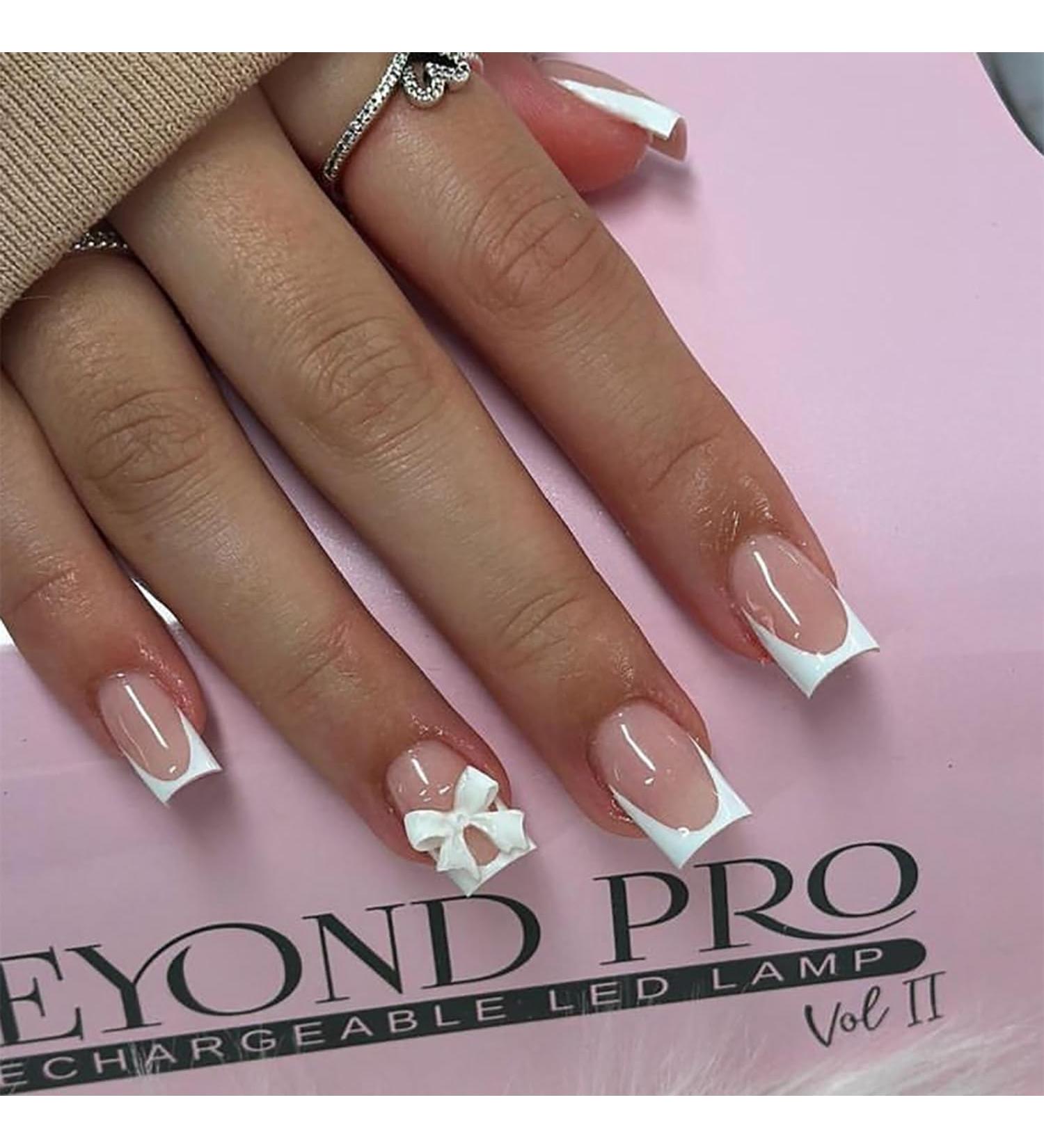 Buy Pink Press on Nails - Short Square Fake Nails with White French Tips & Bow Nail Charms | 24 Pcs Glossy Nude Pink Acrylic Designs for Daily Wear - Buy Online on GoSupps.com