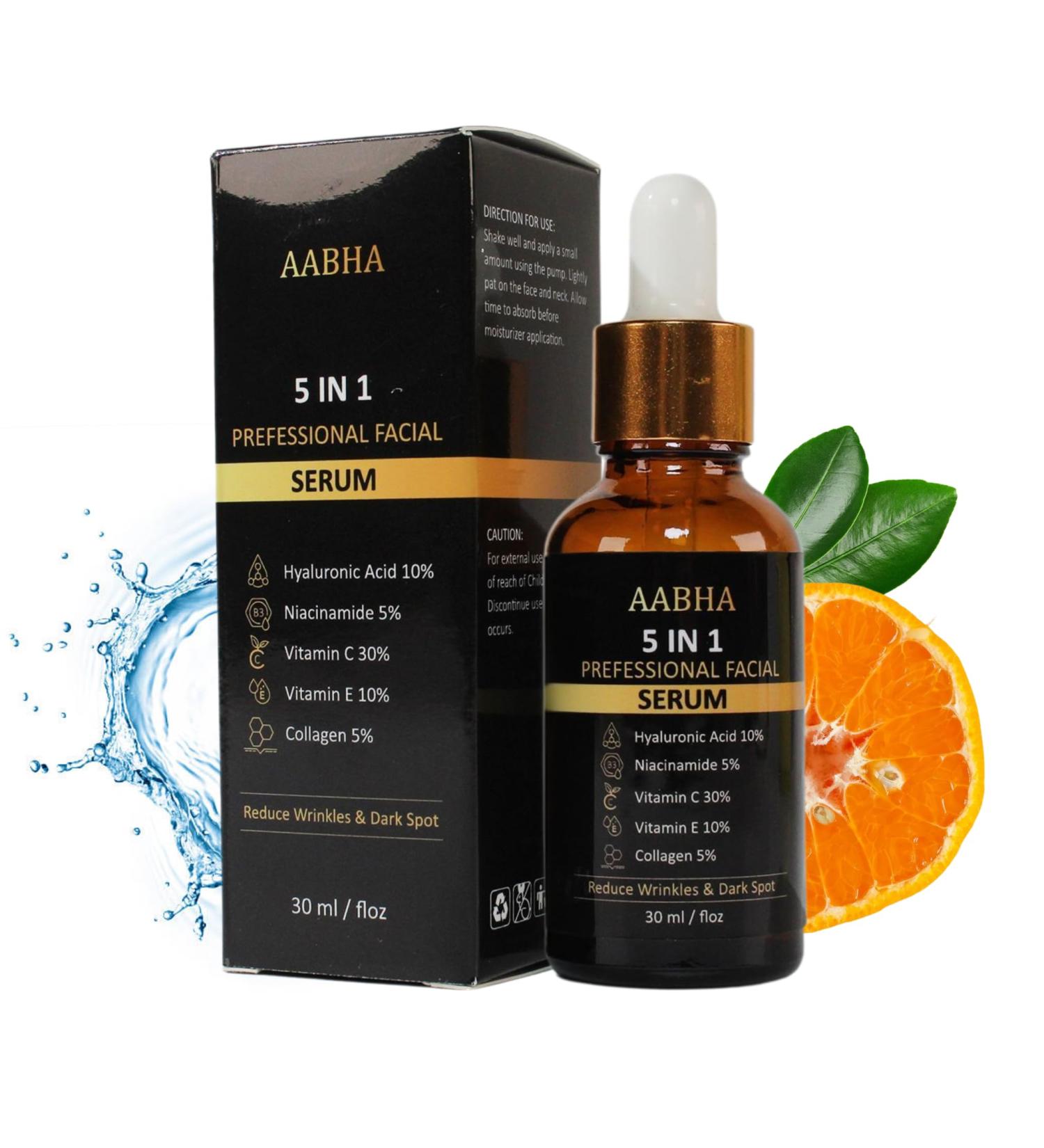 AABHA 30%Vitamin C Face Serum Professional Korean Skincare Product For Women And Men Includes Hyaluronic Acid Niacinamide Vitamin E And Collagen 5 In 1 Formula For Hydration And Glowing Skin CONTROLS Aging Scars Pores Pigmentation Dark Spots (30ml) - Buy Online on GoSupps.com