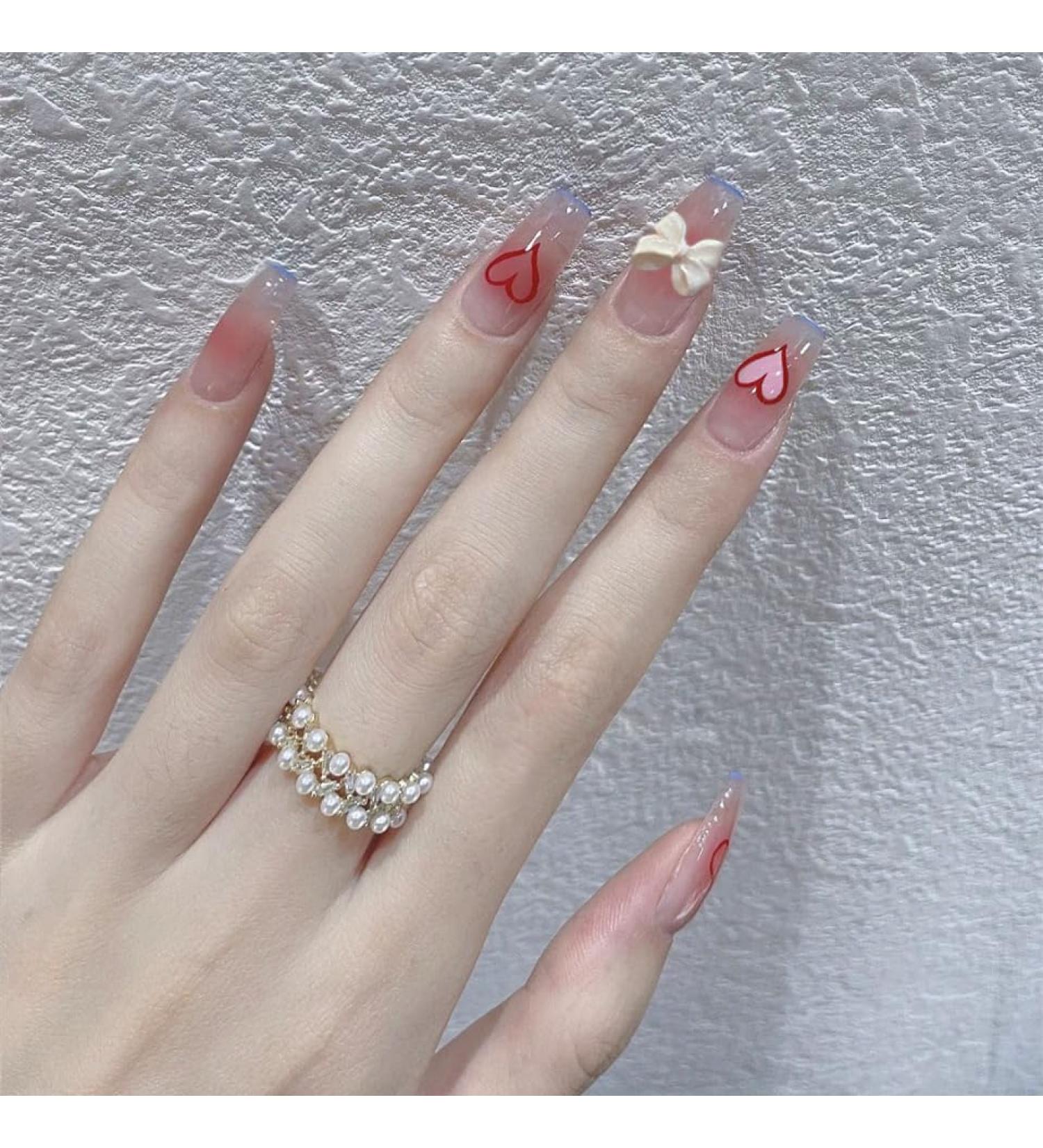 French Tip Press on Nails - Medium Ballet Press On Nails with Nail Tips white bowknot Love heart Design Powder blusher Glossy press on nails Acrylic False Nails Cute Artificial Nails - Buy Online on GoSupps.com