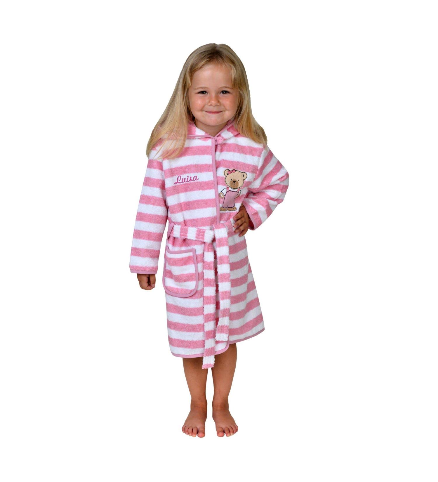Wolimbo 100% Cotton Baby Bathrobe - Personalized Embroidered Children's Bathrobe with Pink Ringed Bear Design - International Shipping Available - Buy Online on GoSupps.com