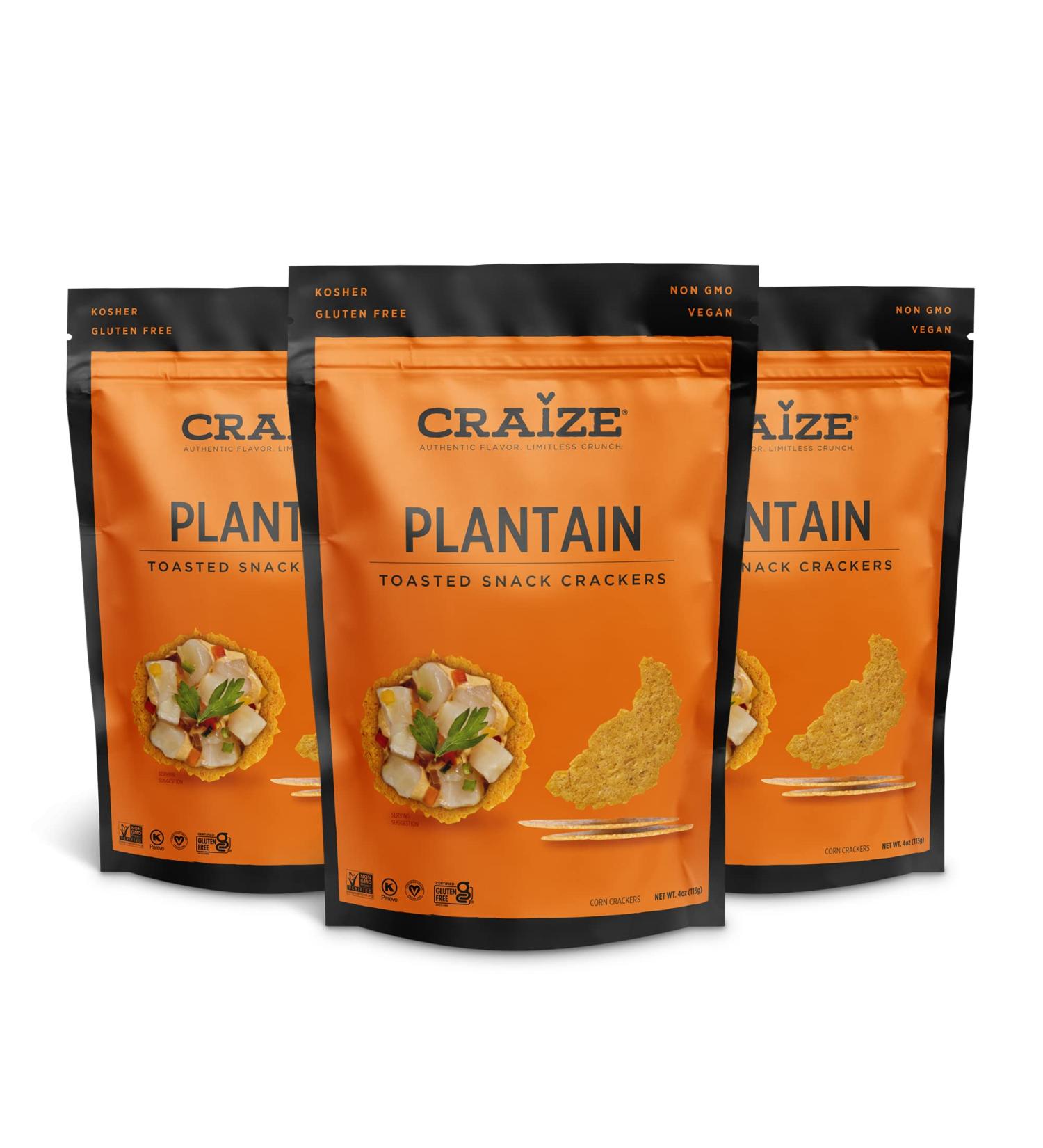 Craize Sweet Plantain Crisps | Gluten-Free Vegan Kosher Toasted Corn Crackers | 12 oz (Pack of 3) - Buy Online on GoSupps.com