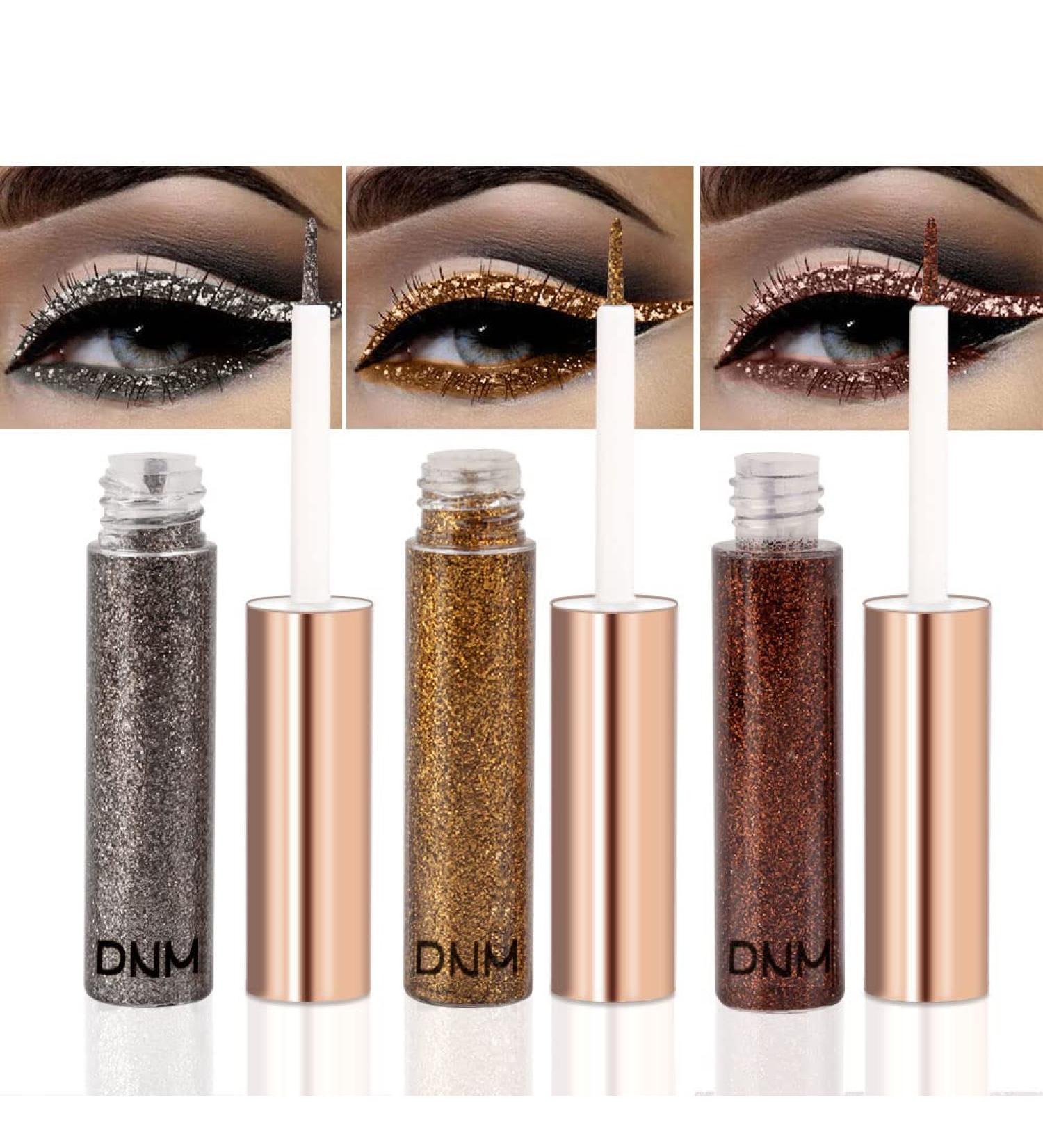 DNM Liquid Glitter Eyeliner Set - 3 Colors Metallic Sparkle Dark Silver Brown Gold Red - Eye Makeup Glue for Eyes - 3Pcs - Buy Online on GoSupps.com