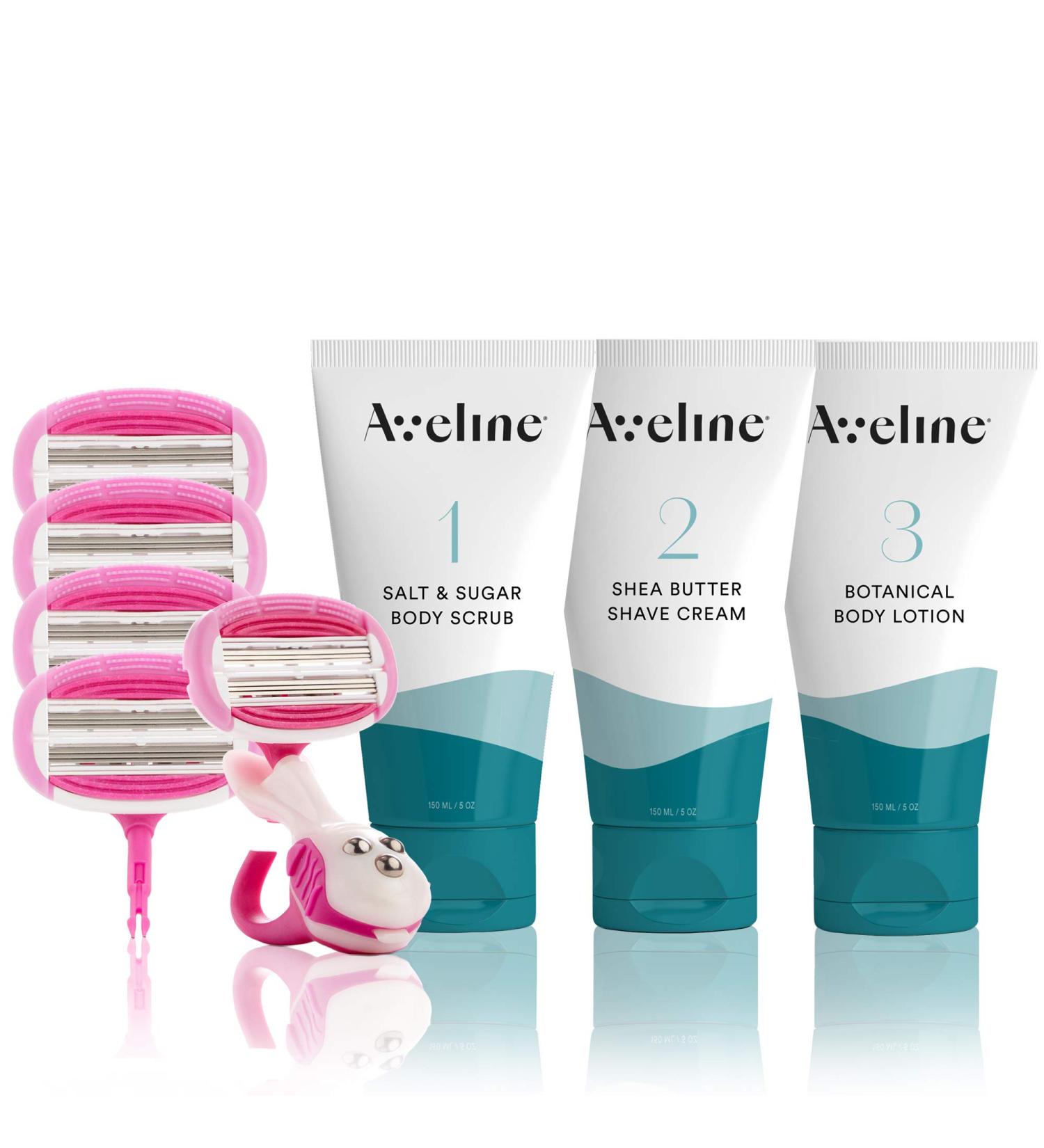 Aveline Women's Silky Smooth Shaving Starter Kit | 6-Blade Razor, Exfoliating Scrub, Shea Butter Cream, & Moisturizing Lotion - Buy Online on GoSupps.com