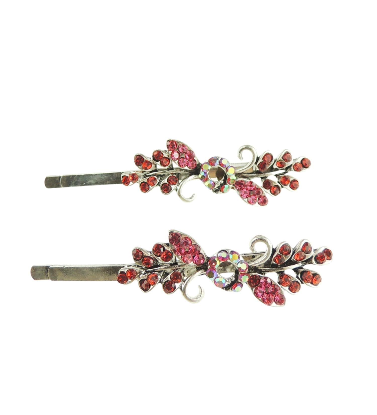 Womens Silver Tone Sparkly Bow Rhinestone Jeweled Crystal Diamante Party Birthday Christmas Bridal Wedding Slides Hairpin Hair Clips Grips Bobby Pins Set of 2 Flower Floral (Red)