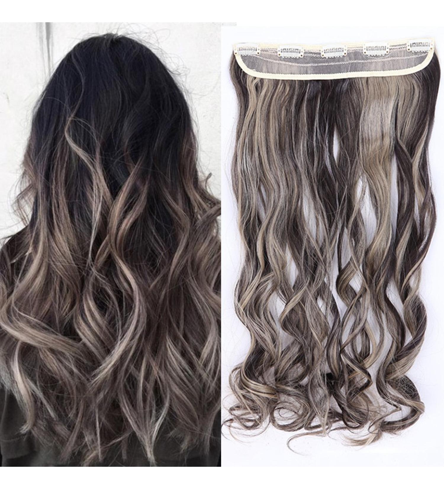 61cm Clip in Hair Extensions - Wavy Real Hair Weft with 5 Clips - Dark Brown & Ash Blonde - 120g - Buy Online on GoSupps.com