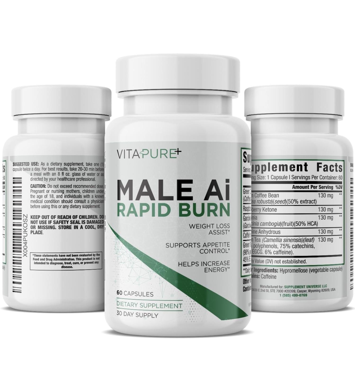 Male Ai Rapid Fat Burner for Men | Supports GLP-1 Pathway Function for Weight Loss | Appetite Suppressant Energy Booster Unisex Diet Pills | 3rd Party Tested Formula - 60 Capsules - Buy Online on GoSupps.com