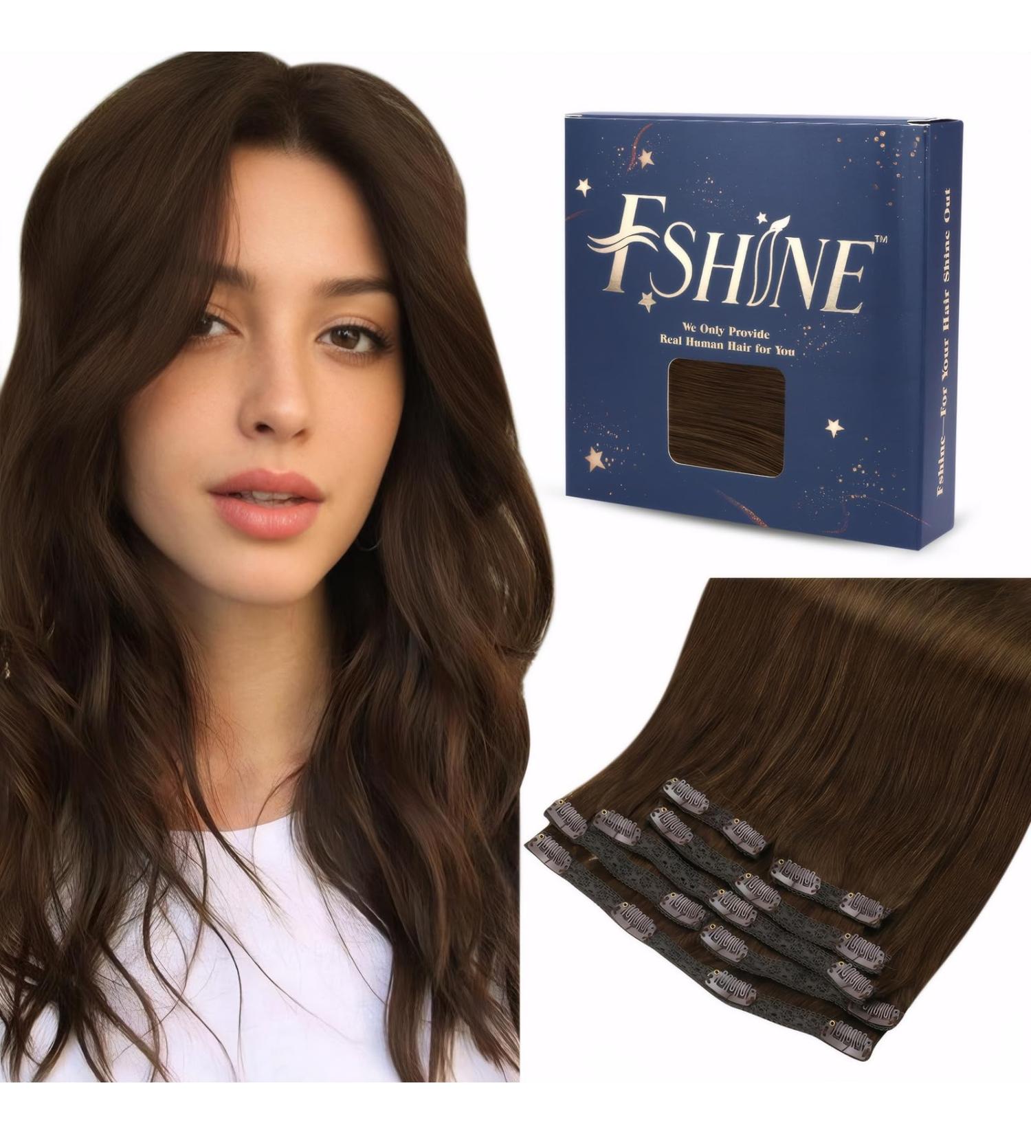 Fshine 45cm Medium Brown Clip-In Hair Extensions | 120g Remy Real Hair 7 Pieces Thick & Smooth #4 - Buy Online on GoSupps.com