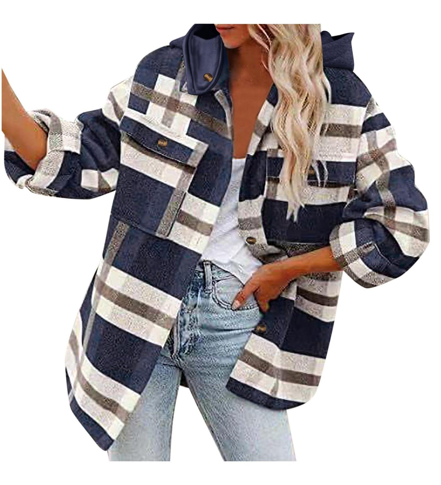Yihaojia Womens Fashion Cropped Plaid Shacket Jacket Button Down Long Sleeve Crop Shirts Jackets Tops Navy#67 X-Large - Buy Online on GoSupps.com