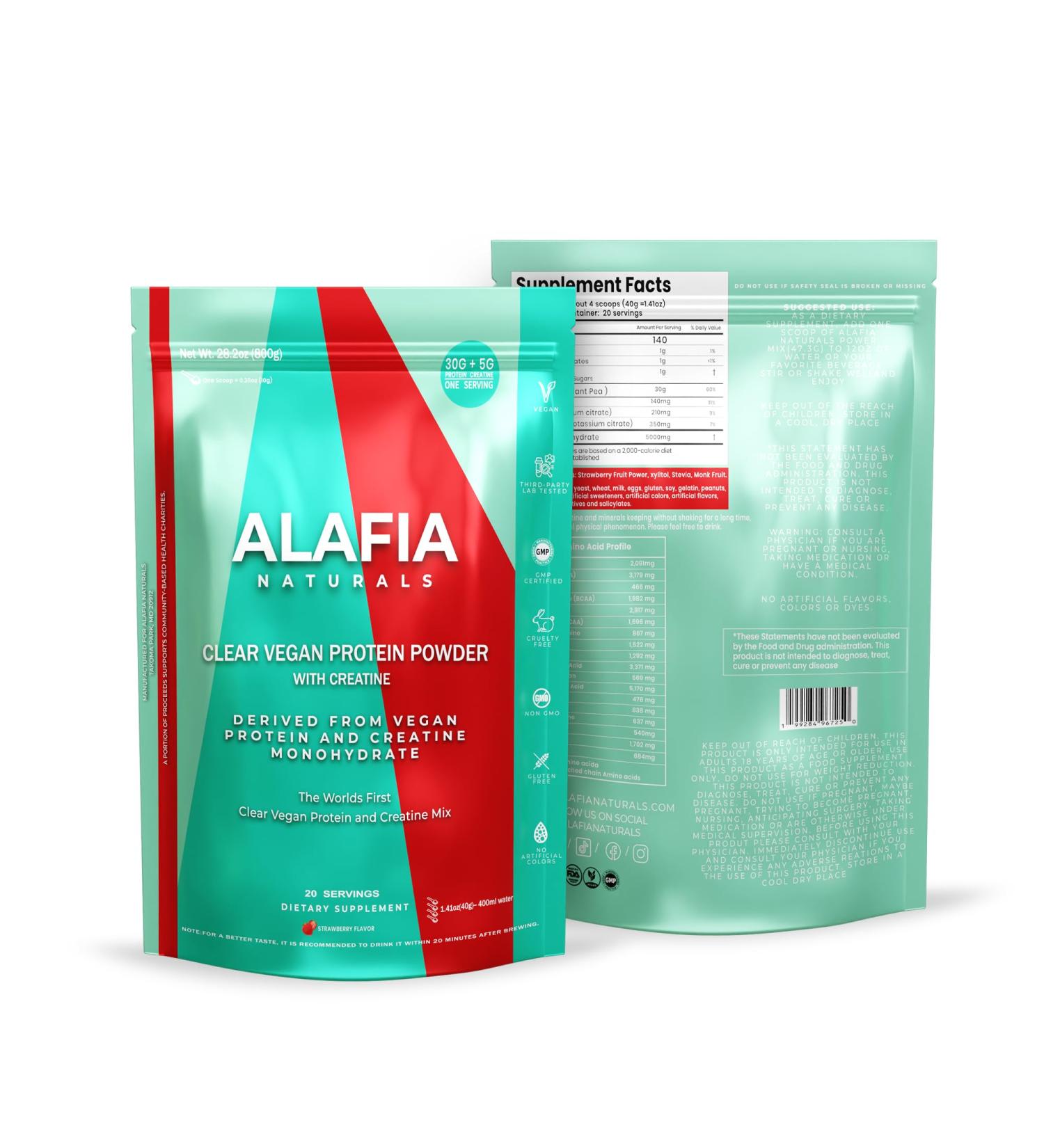 Alafia Naturals Clear Vegan Protein Powder with Creatine 30g Protein 5g Creatine 6g BCAA 0g Lactose Sugar Free Dairy Free Plant Based Strawberry 20 Servings - Buy Online on GoSupps.com
