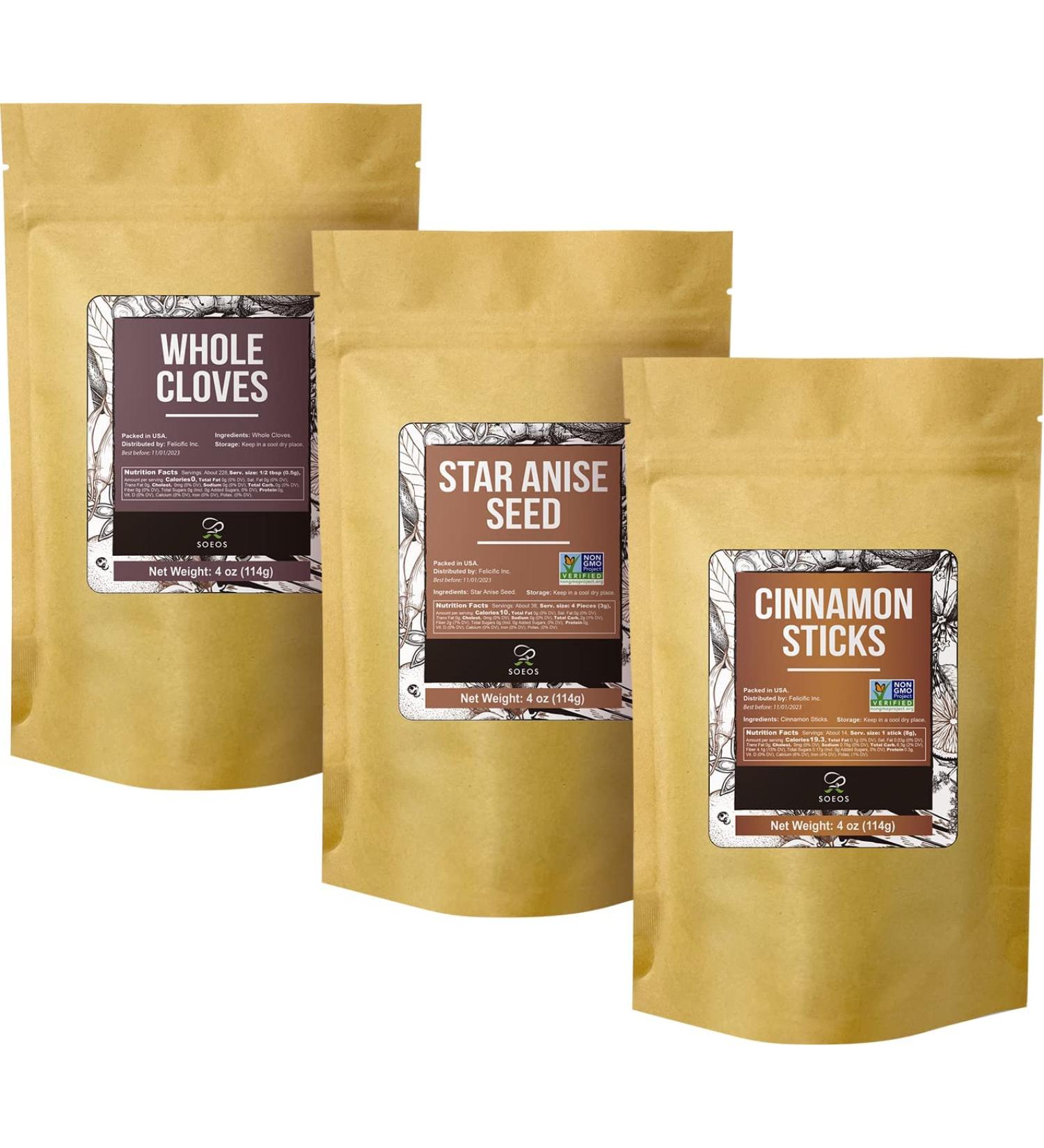 Soeos Cinnamon Sticks + Star Anise + Cloves 4oz Each, All Natural, No Preservative, Spice Sets - Starter Spice Set, Perfect Refill & Gift Set - Buy Online on GoSupps.com
