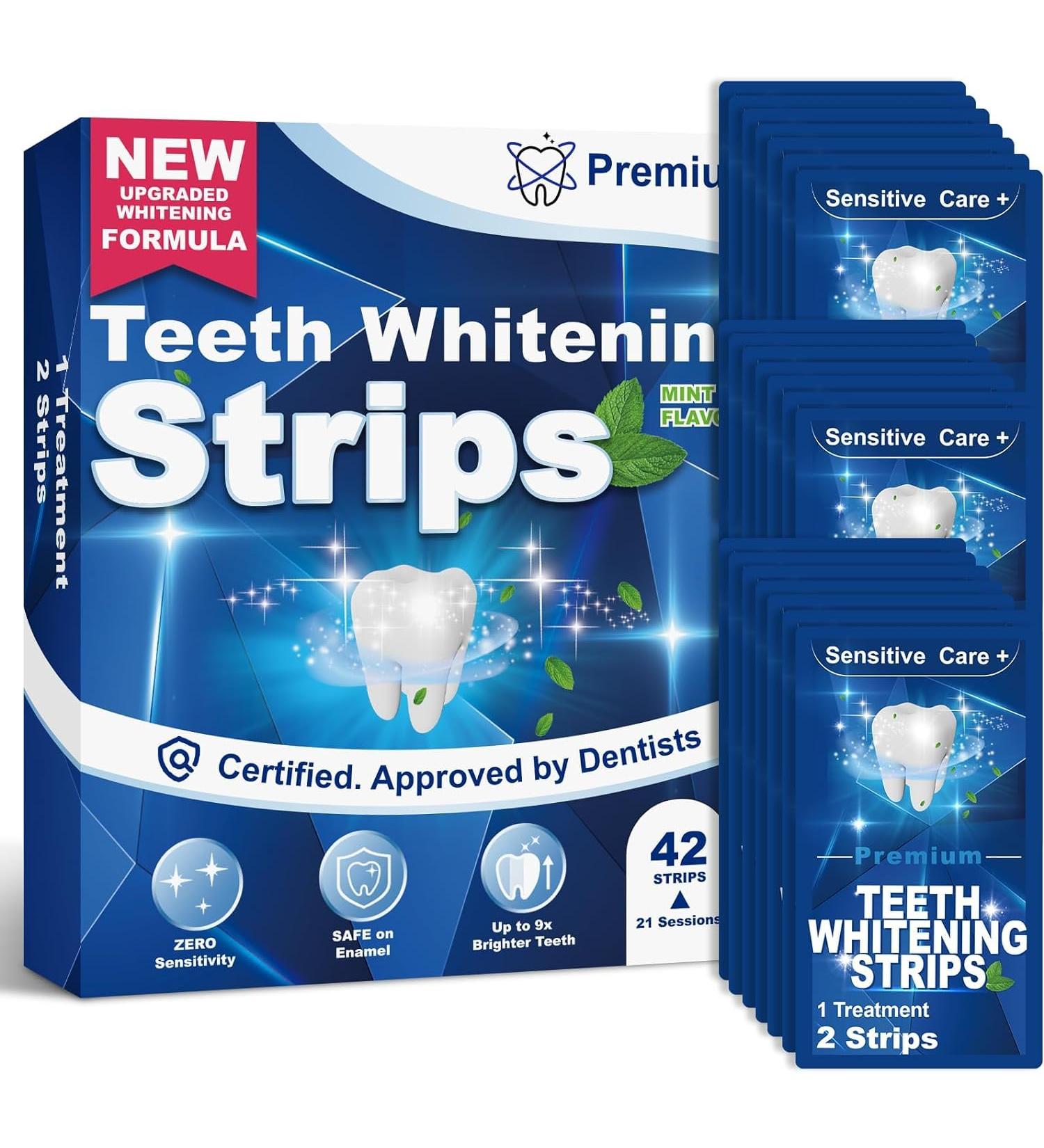 Advanced Tooth Whitening Strips - 42 Bleaching Stripes for 21 Sessions | Non-Sensitive Mint Formula | Vinmal Azurblau for Home Use - Buy Online on GoSupps.com