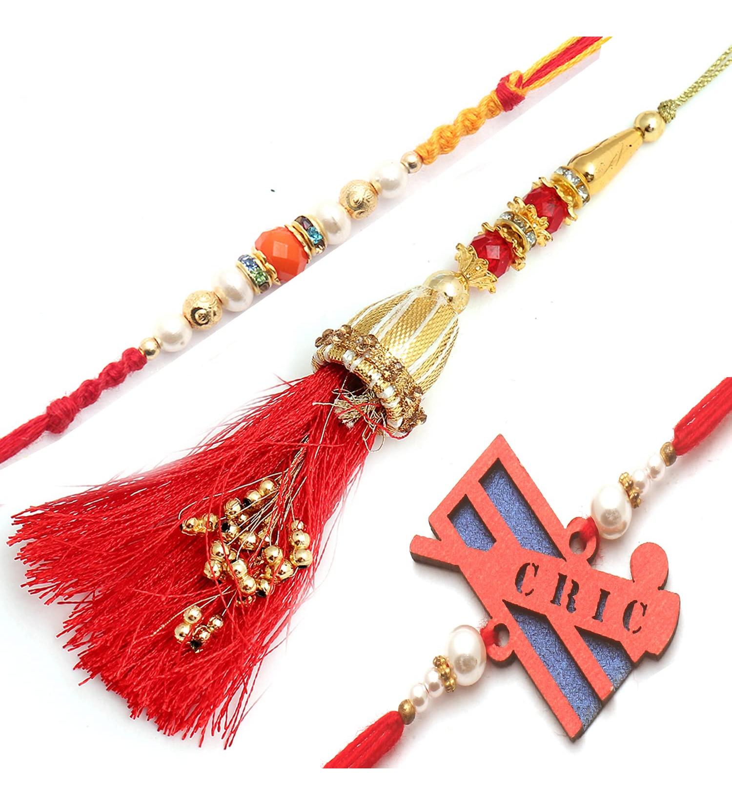 Ghasitaram Gifts Rakhi for Brother Rakhis Online - Set of 3 Ibiza Bhaiya Bhabhi Rakhi and Cricketer Kids Rakhi