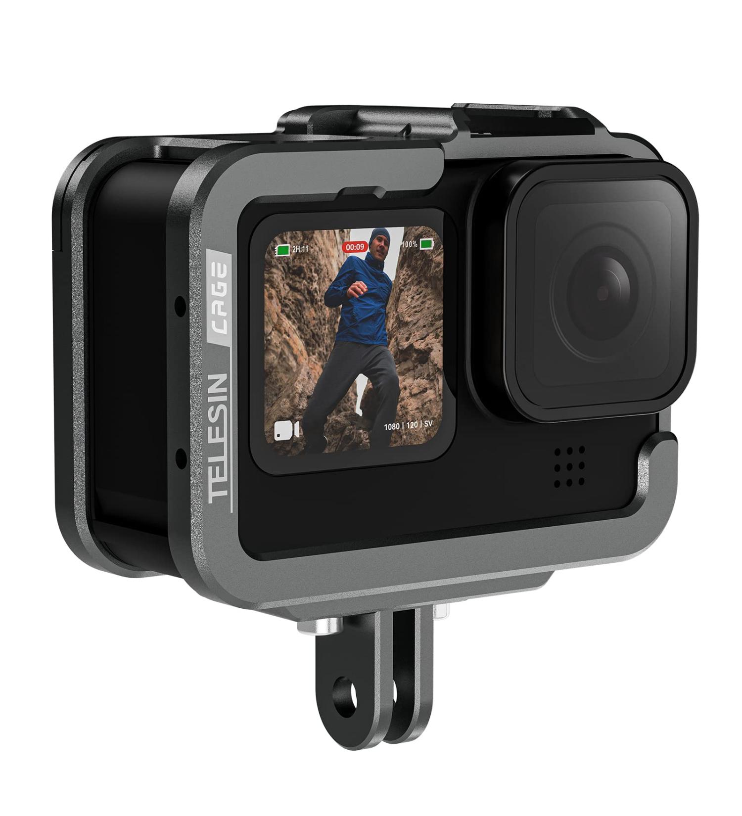 Telesin Aluminum Camera Cage for GoPro Hero 12 11 10 9 | Optimized Housing with Cold Shoe for ND CPL Lens Filter & Microphone - Perfect Accessory for Hero 9 Black - Buy Online on GoSupps.com