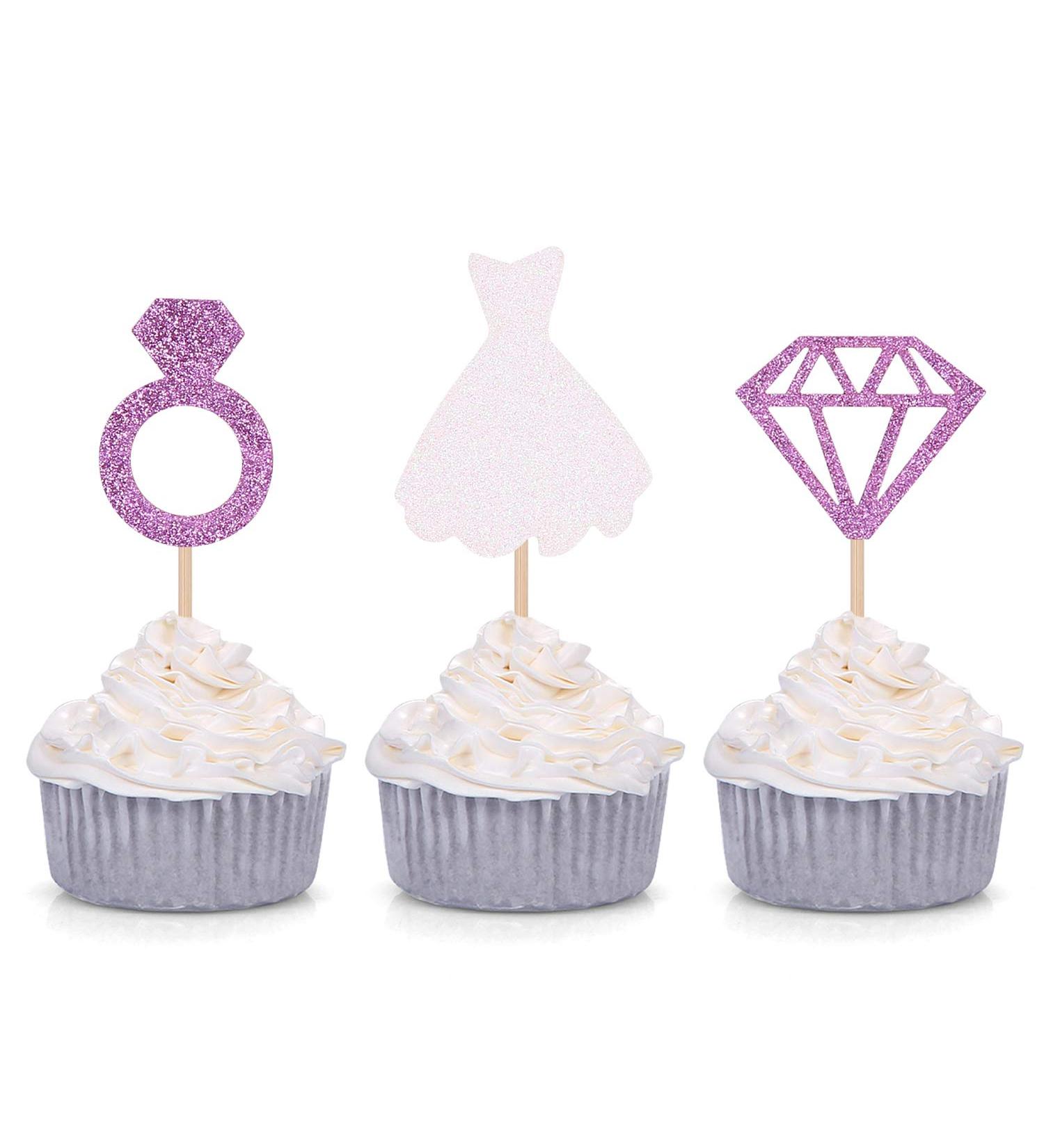 Set of 24 Glitter Diamond Ring Wedding Dress Cupcake Toppers for Engagement Bridal Shower Decorations (Purple)