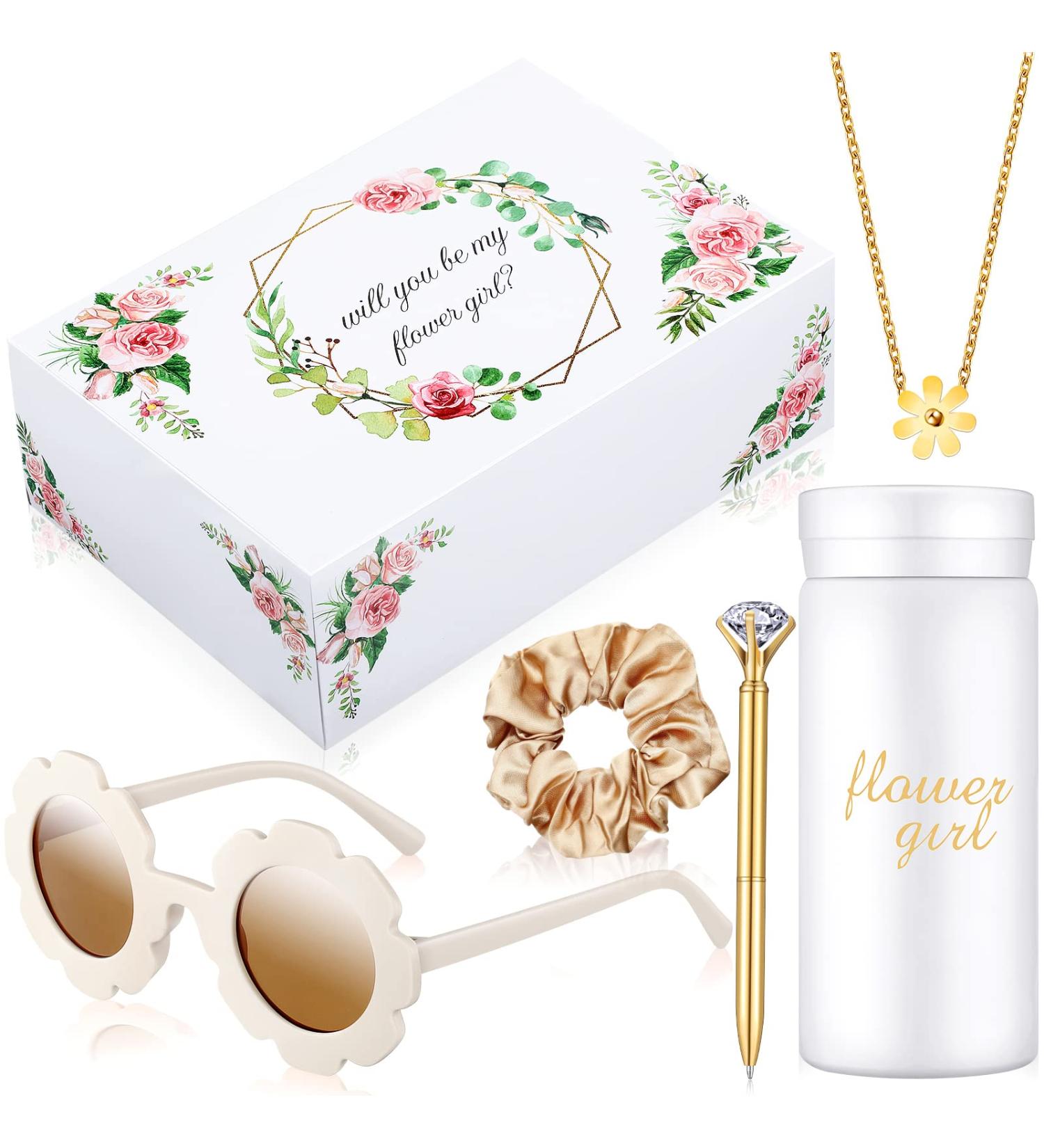 Hanaive Flower Girl Proposal Box Set - Necklace, Glasses, Water Bottle, Pen, Scrunchies - Gold Will You Be My Flower Girl Box - Wedding/Bride Showers - Buy Online on GoSupps.com