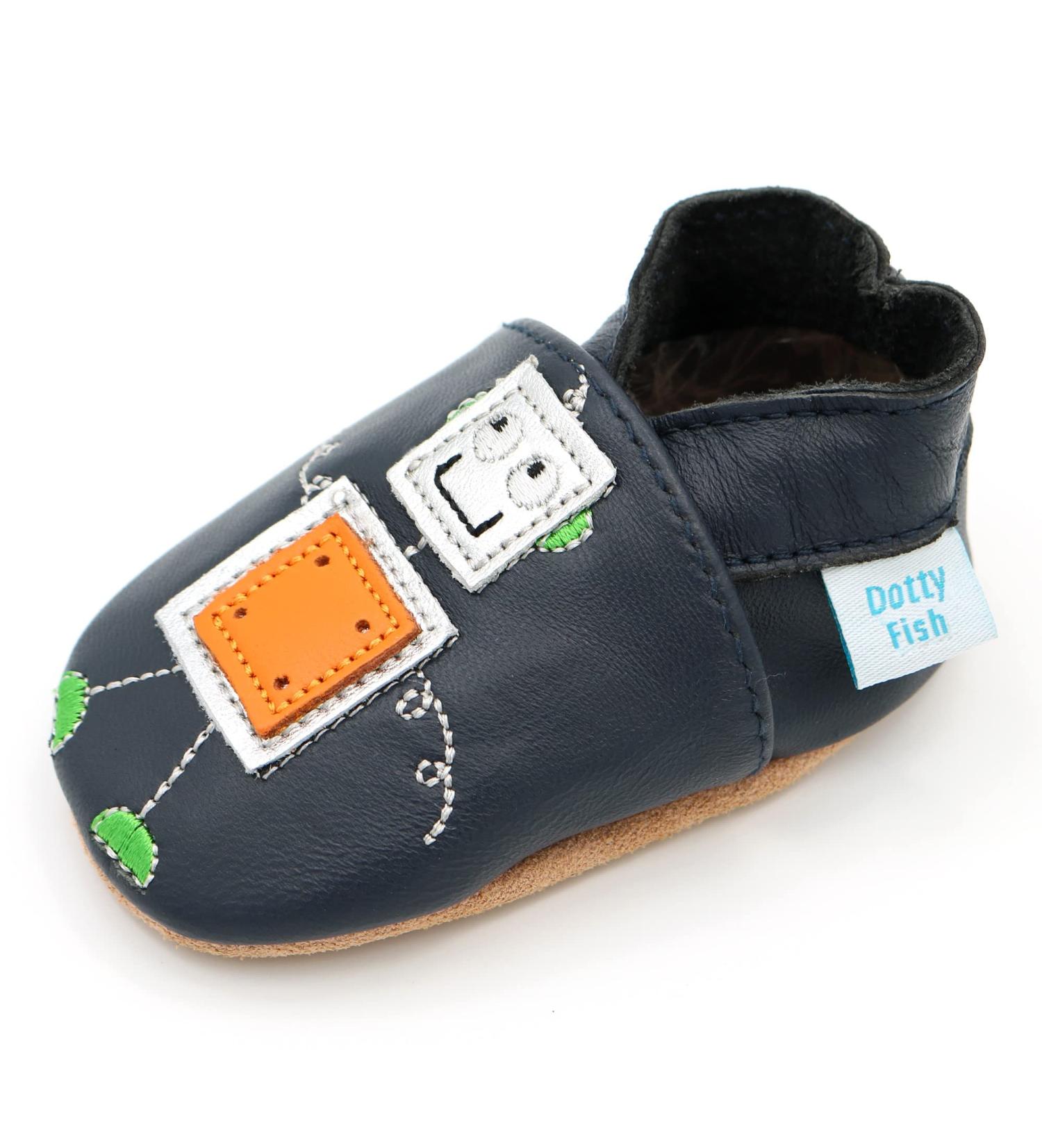 Dotty Fish Soft Leather Baby Shoes for Boys | Non-Slip Suede Soles | Silver Robot Design | 3-4 Years Size - Buy Online on GoSupps.com