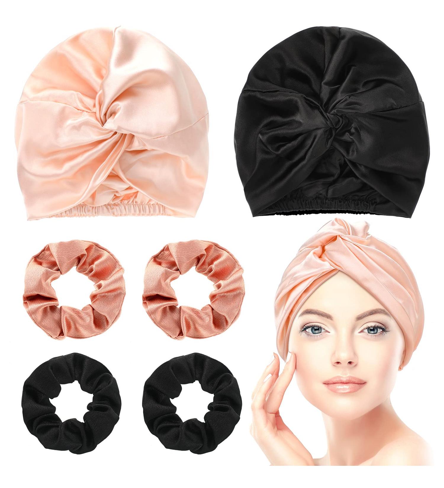 6 Pcs Silk Hair Bonnet & Scrunchies Set for Women - Soft Silk Sleeping Bonnet & Ponytail Holders in Pink, Black, Rose Gold - Buy Online on GoSupps.com