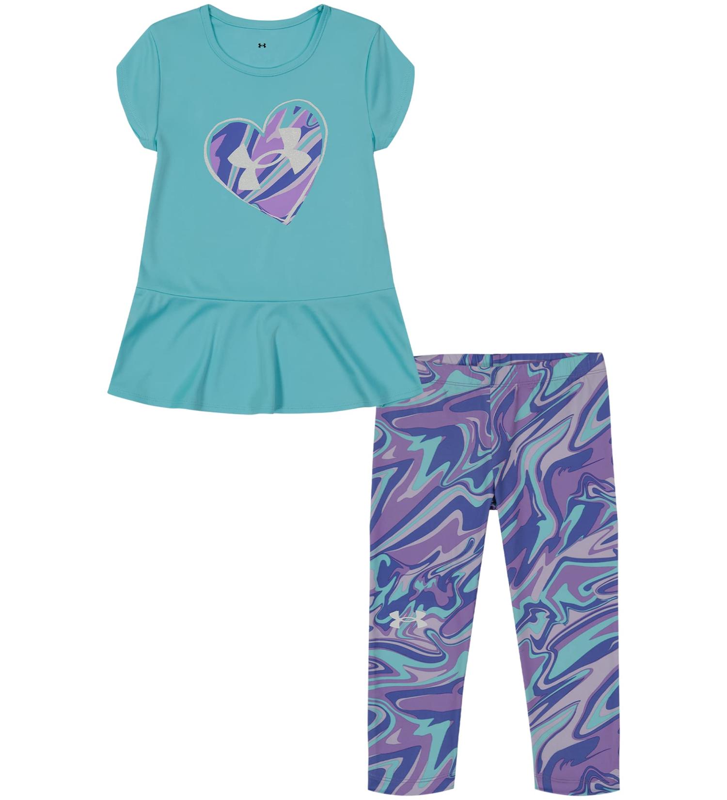 Under Armour girls Short Sleeve Shirt and Legging Set, Durable Stretch and Lightweight 6 Blue Foam Swirl