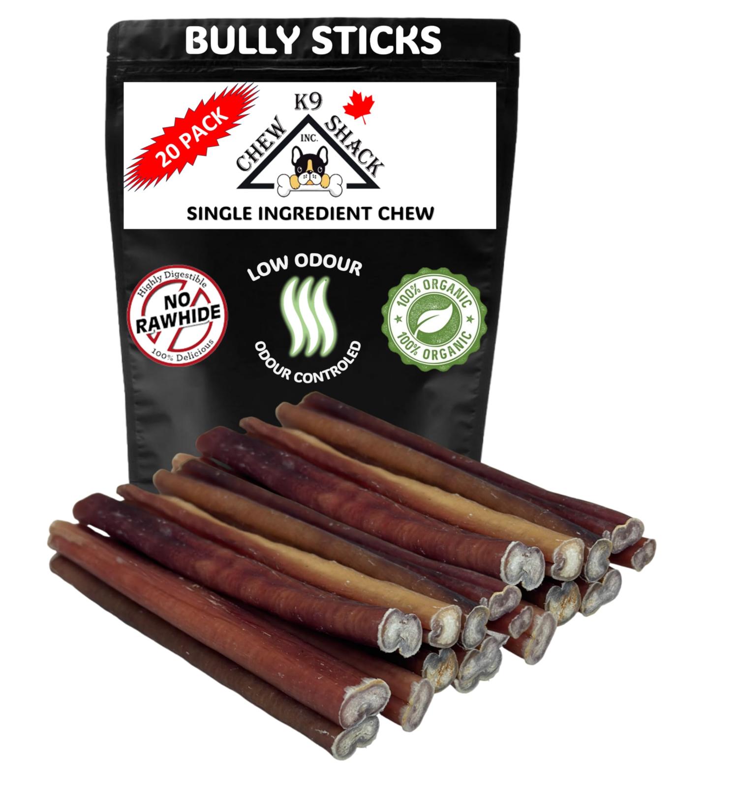 Bully Sticks - Low Odour - **6" Standard - 20 Pack Minimum** - Premium Single Ingredient Dog Chew - 100% Beef - All Natural/Organic - Dental Care - Long Lasting - Rawhide Free - Buy Online on GoSupps.com