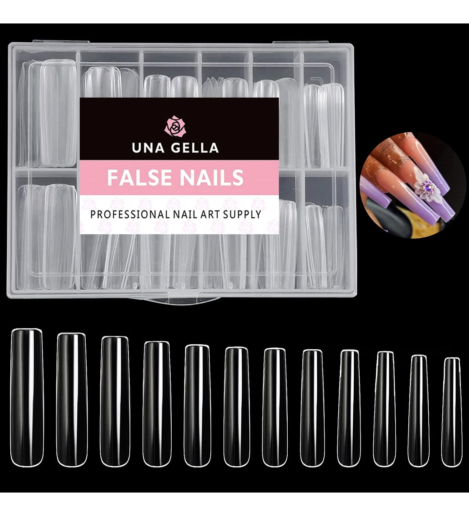 UNA GELLA XXL Long Square Nail Tips - 216 PCS Clear Full Cover Gel X Tips for Nail Salon & DIY | Extra Long No C Curve 12 Sizes - Buy Online on GoSupps.com