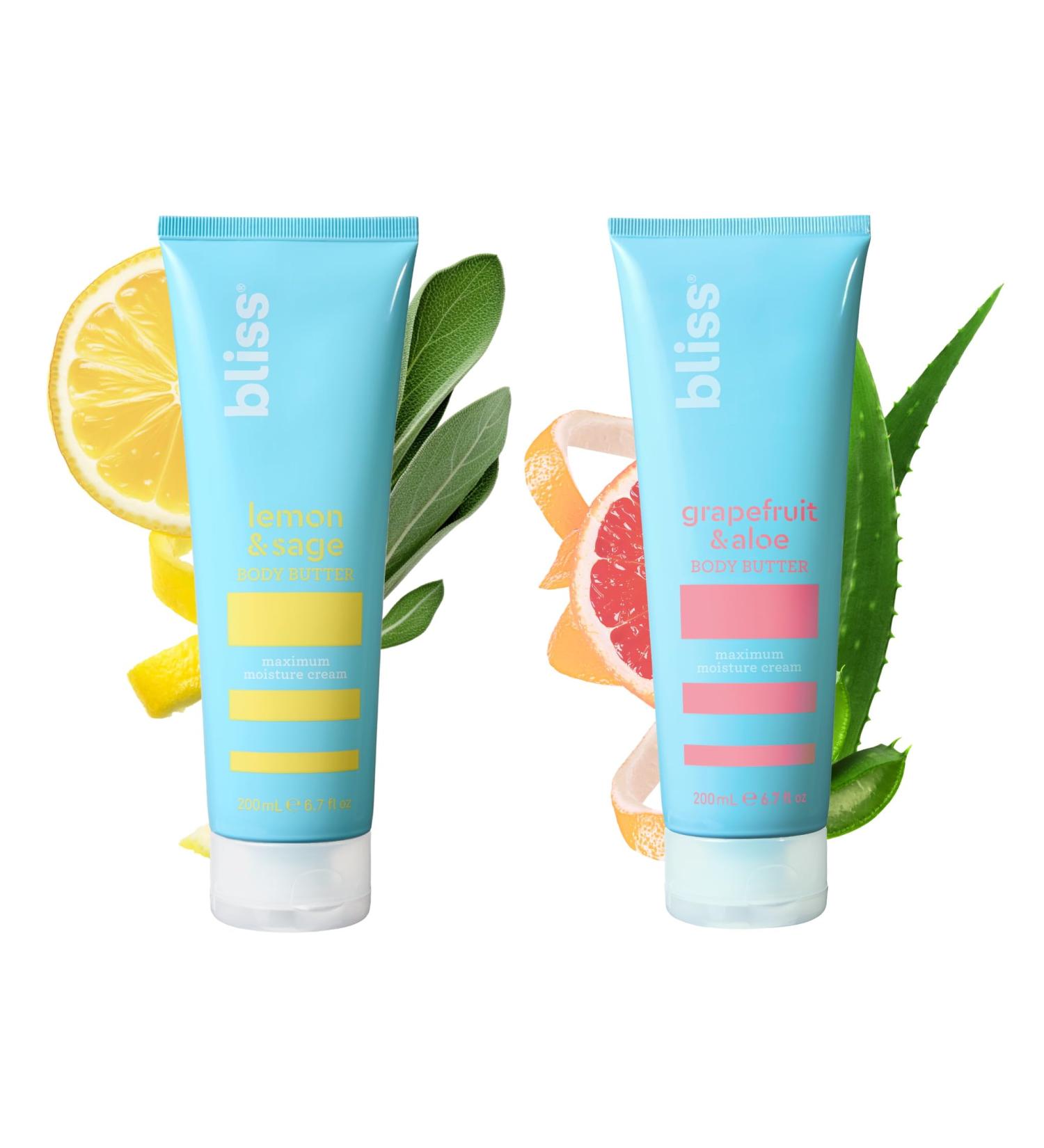 Bliss Body Butters Duo Lemon and Sage Body Butter and Grapefruit and Aloe - Maximum Moisture Cream - 6.7 Fl Oz Lotion for Dry Skin - Long-Lasting Moisturizer- Vegan and Cruelty-Free - Buy Online on GoSupps.com