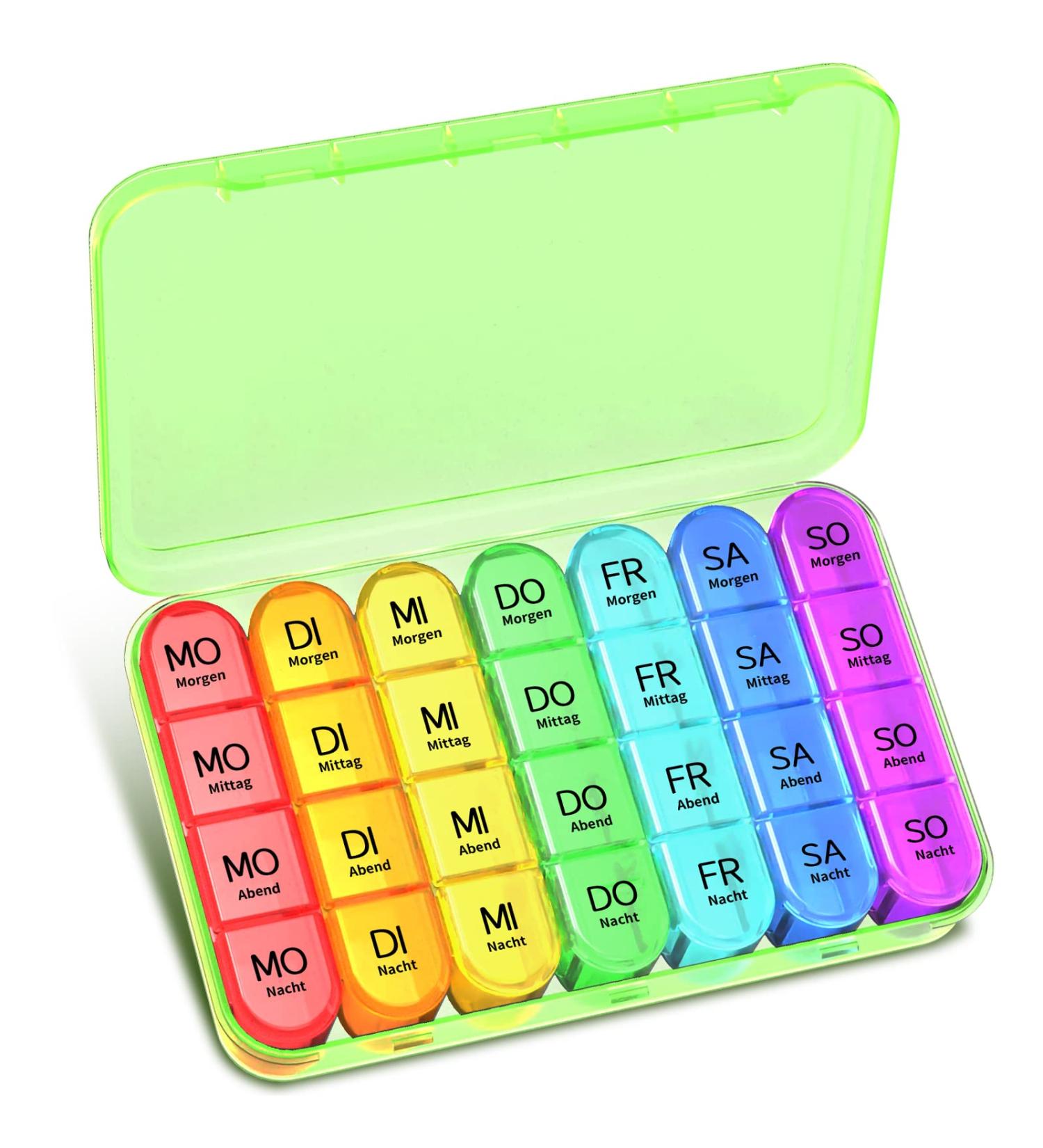 7-Day Pill Box Organizer - Large Green Tablet Medication Case with 4 Compartments for Evening and Night Doses - Weekly Pill Planner - Buy Online on GoSupps.com