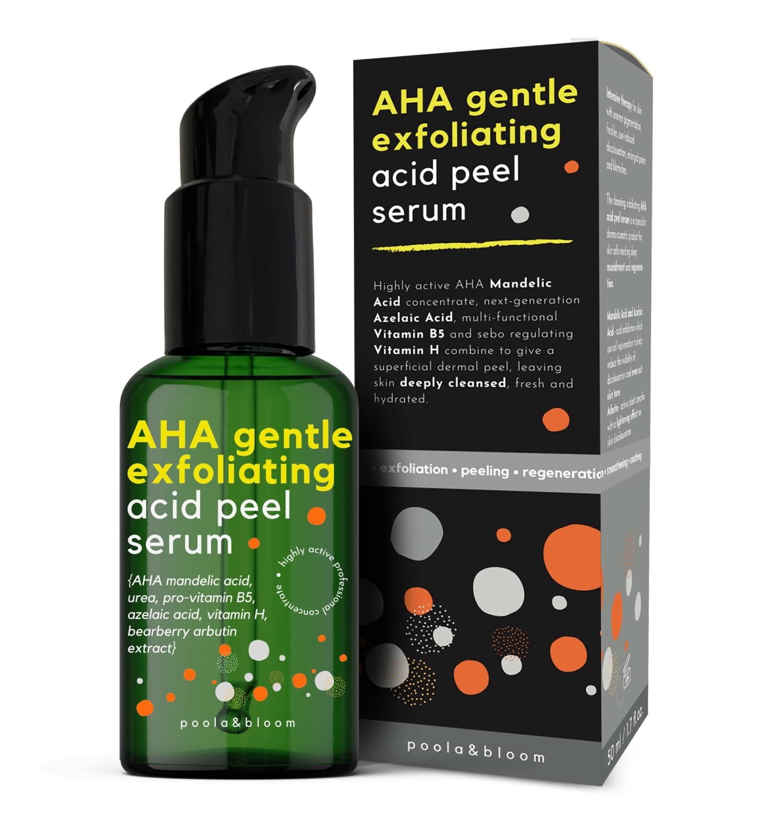AHA Gentle Exfoliating Acid Peel - 50ml - Vitamin B5 and Plants Extracts Face Serum for Uneven Pigmentation Enlarged Skin Pores with Mandelic Acid - Facial Exfoliator for Skin Cell Regeneration - Buy Online on GoSupps.com
