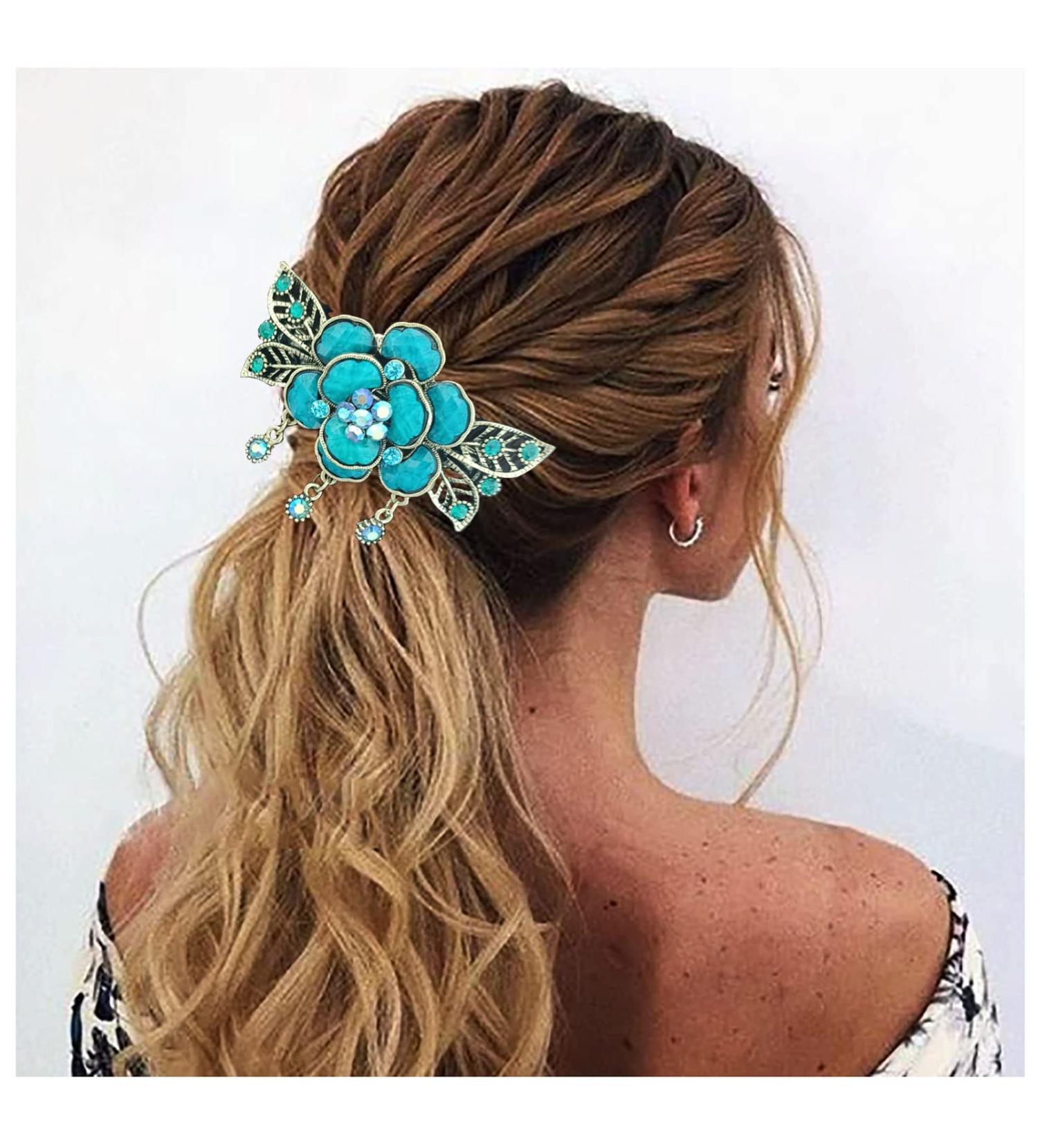 Vintage French Rhinestone Flower Butterfly Hair Clips for Women & Teens - Blue Floral Hair Accessories - Buy Online on GoSupps.com