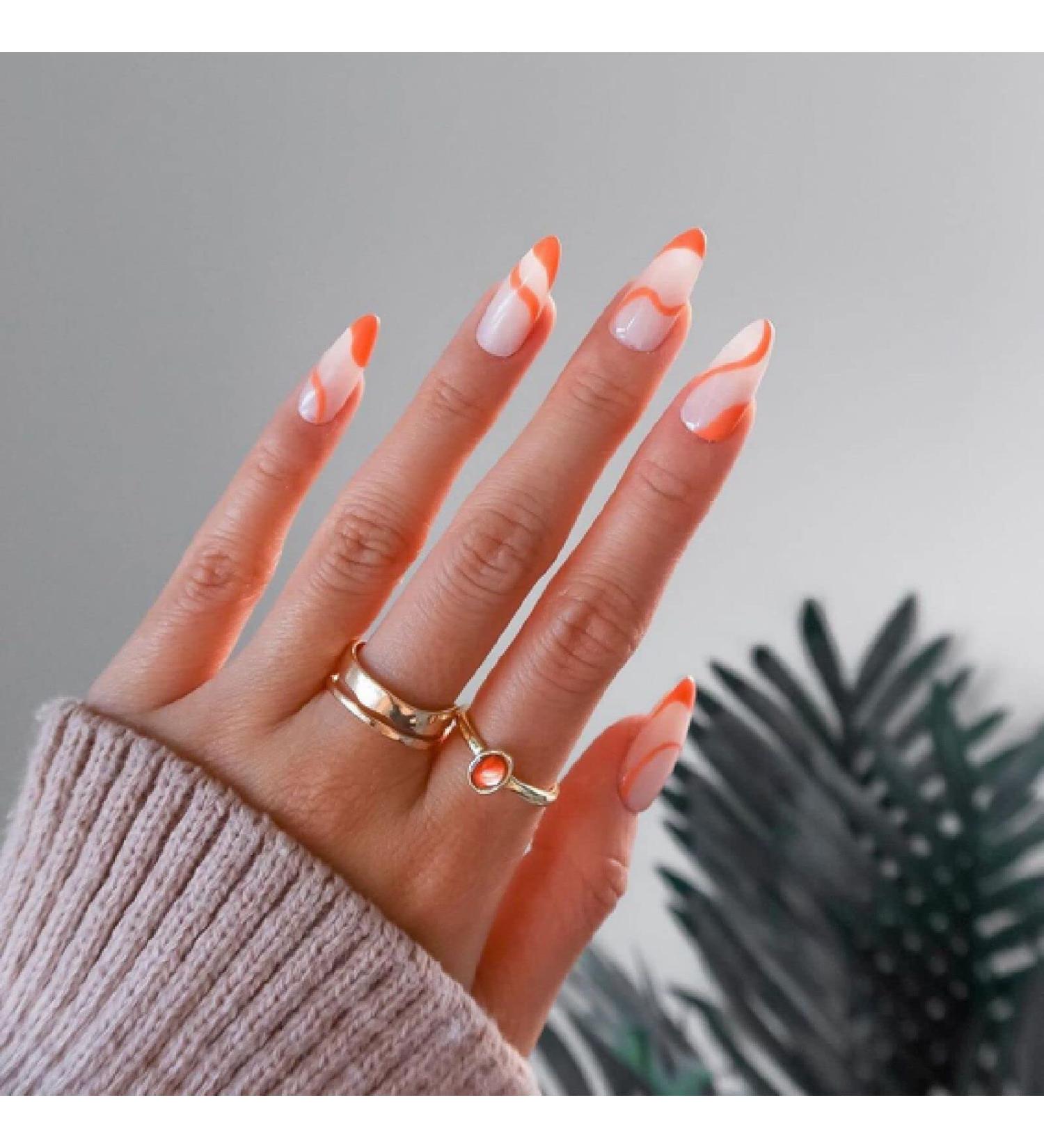 24pcs/Box Almond False Nails Black Line Design Artificial Ballerina Fake Nails with Glue Full Cover Nail Tips Press On Nails A71-1
