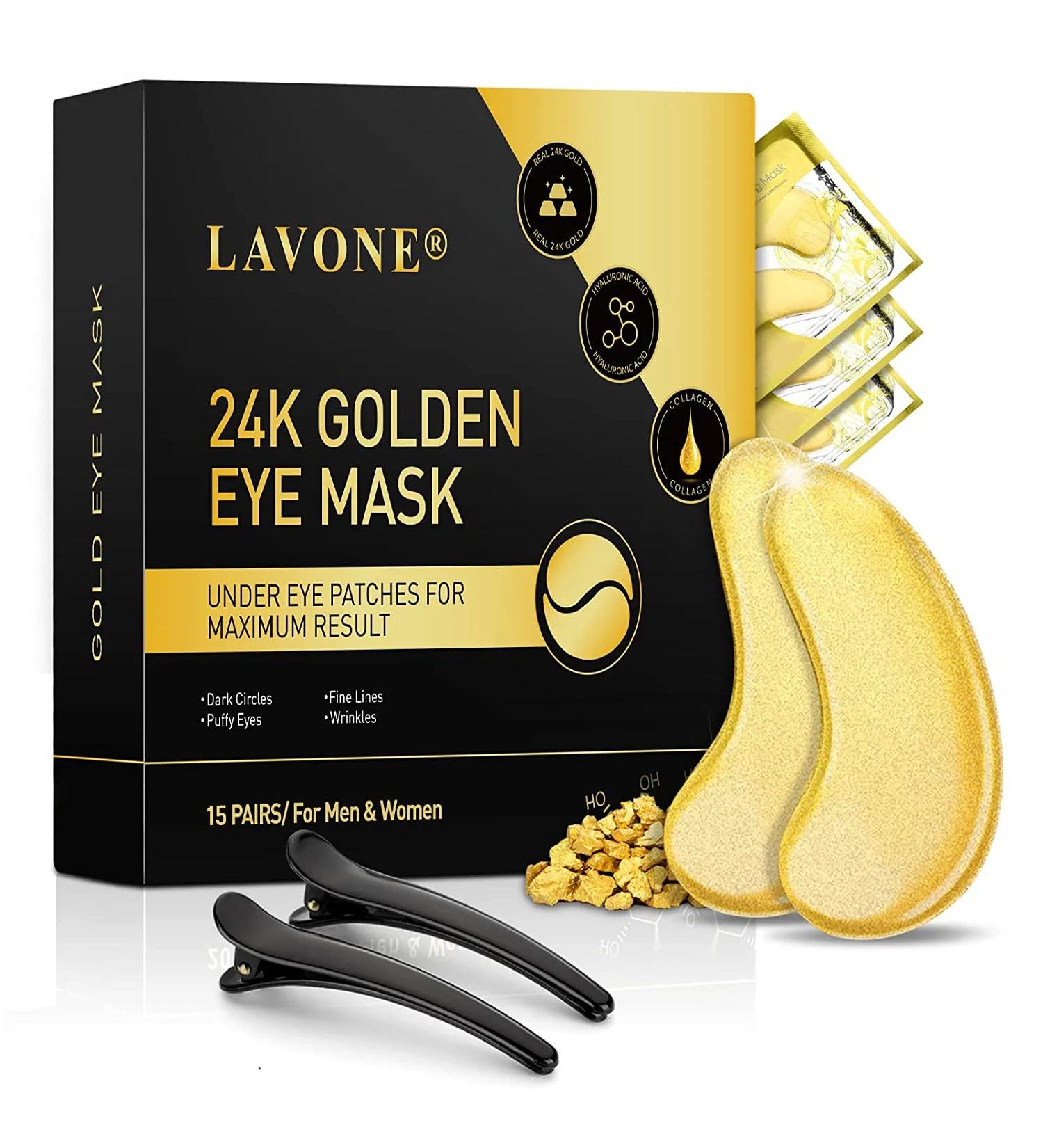 24K Gold Under Eye Patches - Eye Mask for Dark Circles, Puffiness, Wrinkles, and Fine Lines - 15 Pairs with Hair Clips - Buy Online on GoSupps.com
