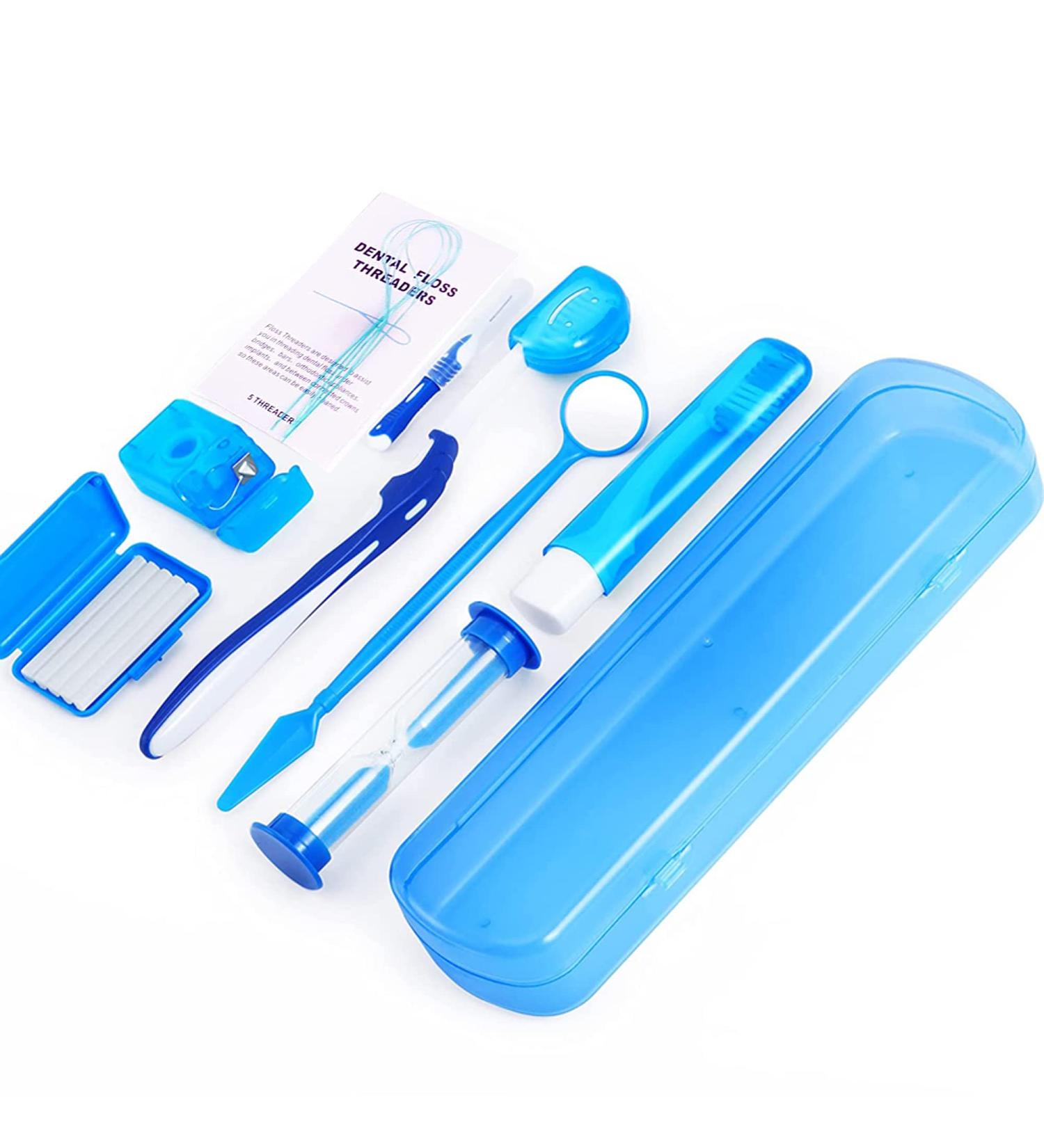 Orthodontic Care Set - Portable Braces Cleaning Kit with 8 Pieces | V Brush Mouth Mirror Interdental Brush & Dental Floss - Ideal Oral Care Travel Set (Blue) - Buy Online on GoSupps.com