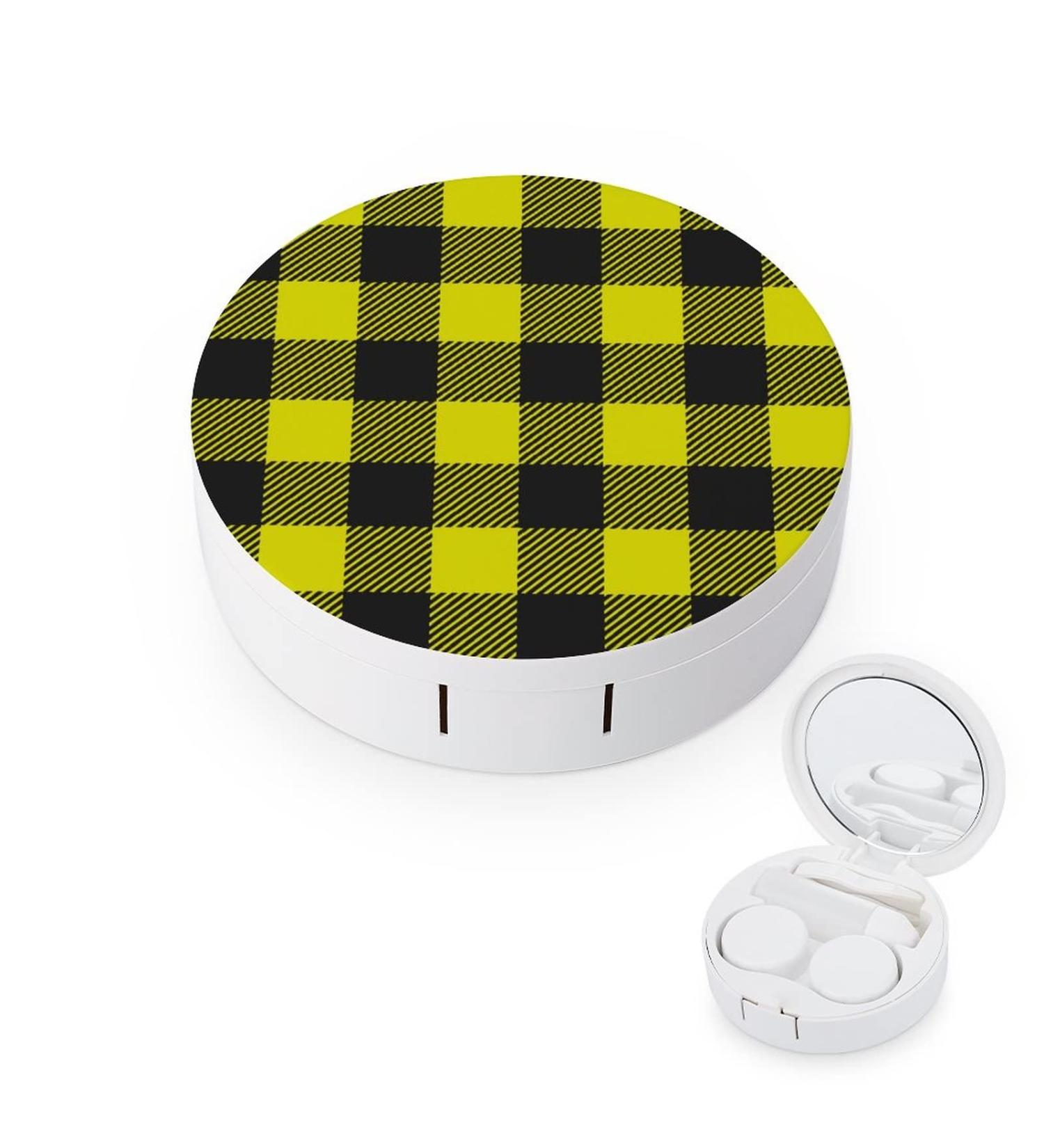Yellow And Black Checked Round Case For Contact Lens Kit Storage Box with Mirror Printed - Buy Online on GoSupps.com