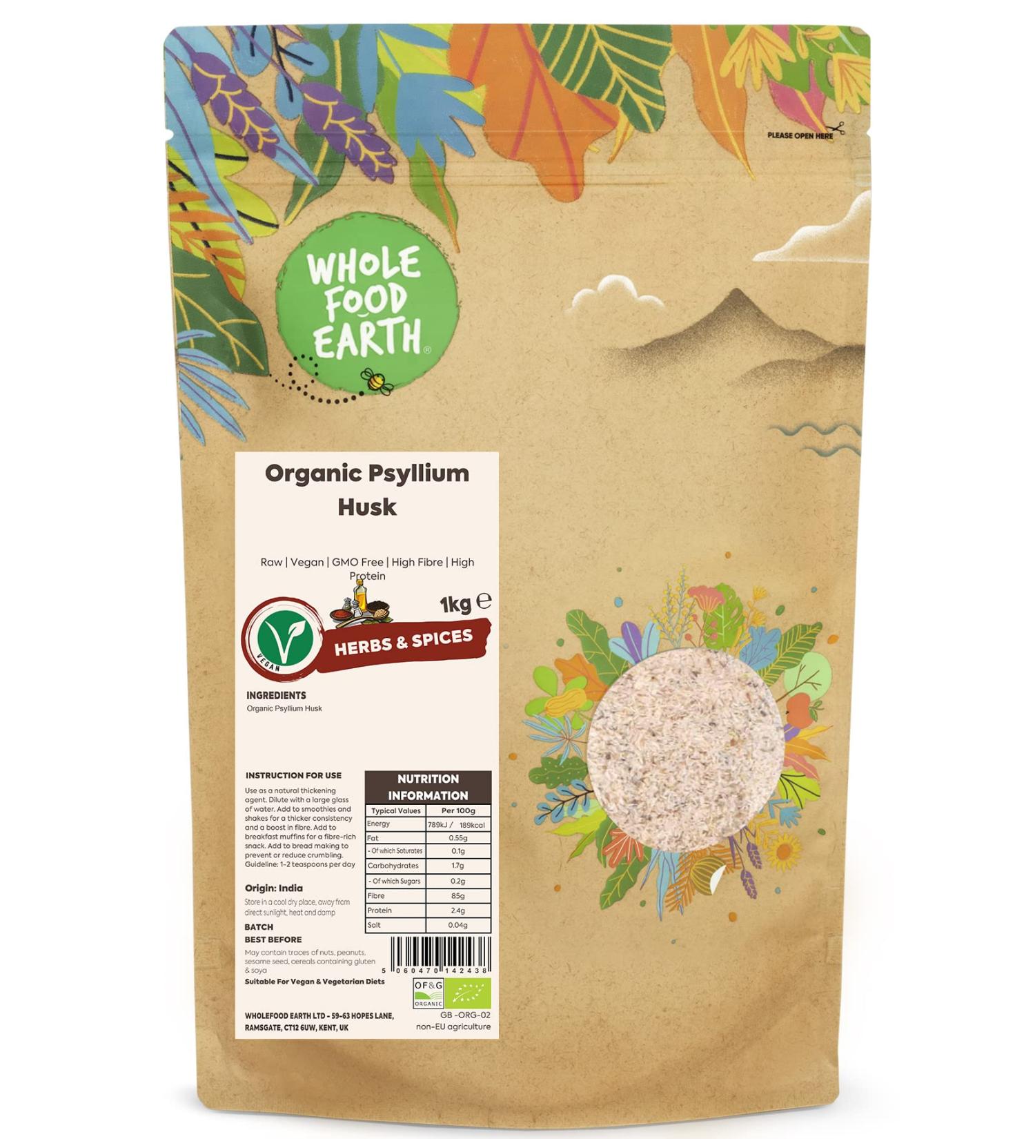 Wholefood Earth Organic Psyllium Husk 1kg - Raw, Vegan, GMO Free, High Fibre & Protein - Certified Organic - Buy Online on GoSupps.com