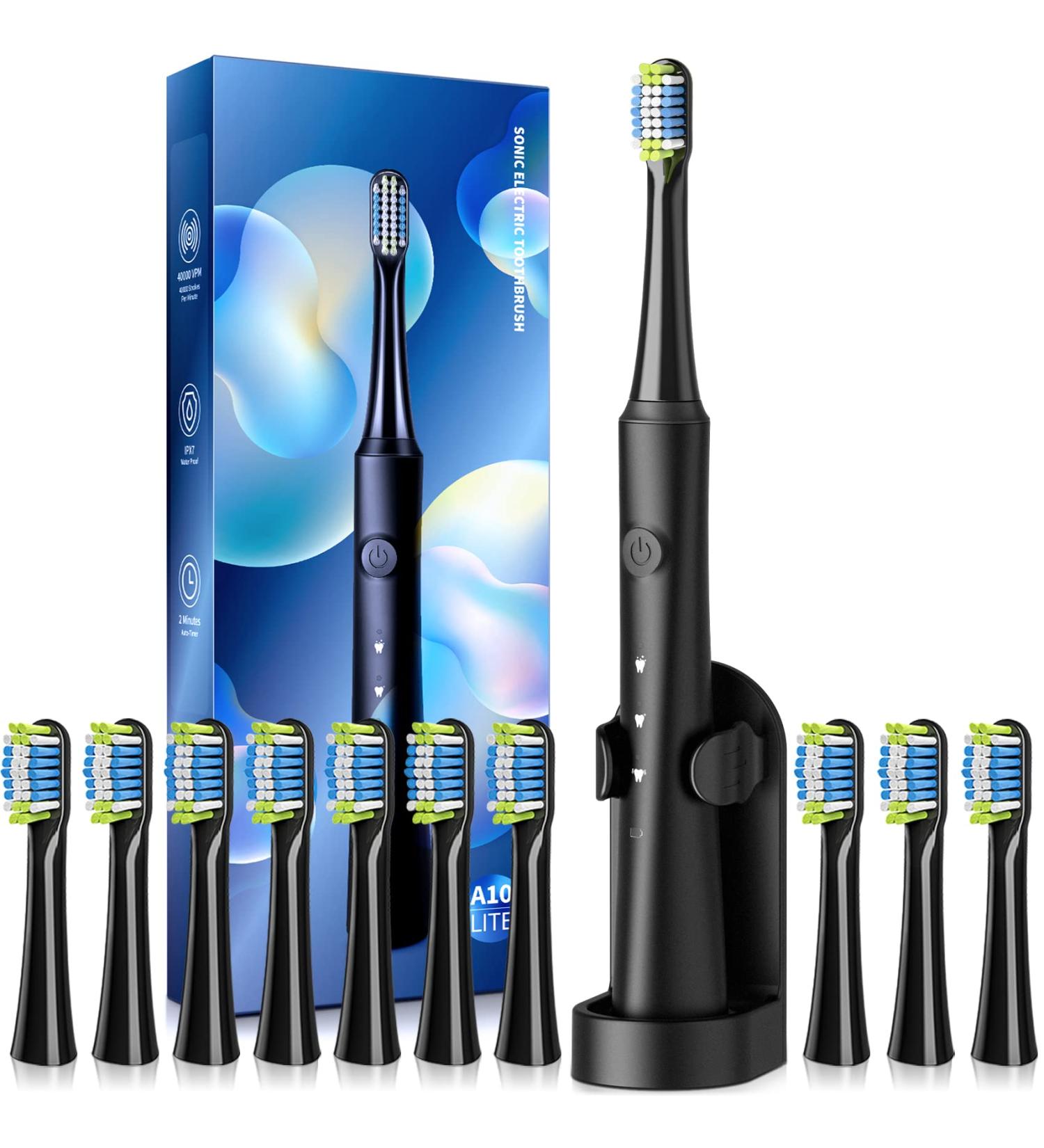 Sonic Electric Toothbrush for Adults | Rechargeable with 10 Brush Heads & Holder | 40000 VPM, 3 Modes | Fast 2 Hr Charge | Lasts 35 Days - Buy Online on GoSupps.com