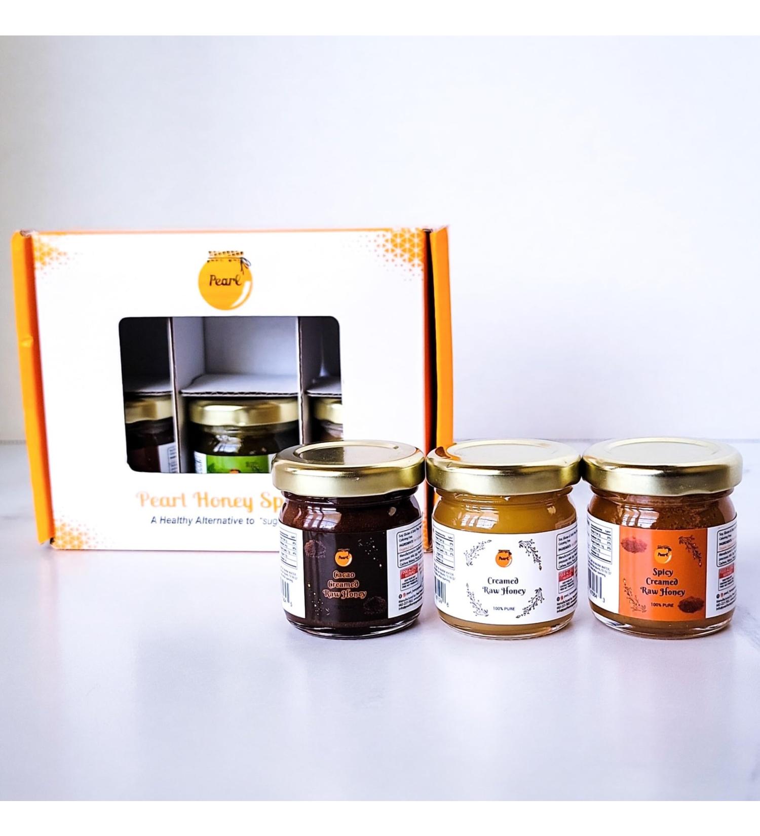 Pearl Honey Spreads Creamed Raw Honey Variety Flavored Gift Set| Raw and Unfiltered Pure Honey| Organic Matcha | Organic Cacao| Organic Cayenne| Organic Cinnamon| Organic Cacao|1.5 Ounces Per Jar - Buy Online on GoSupps.com