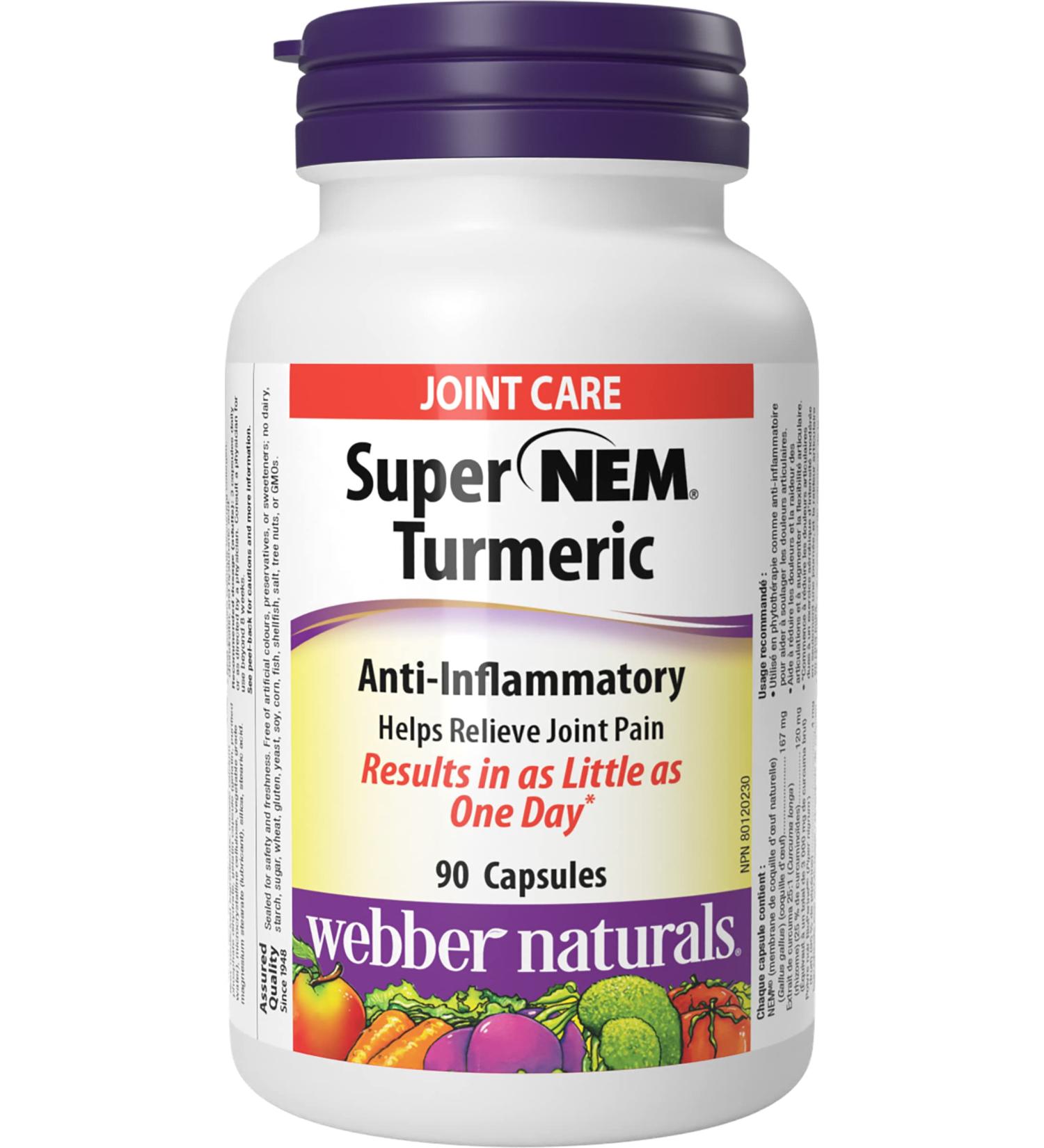 Webber Naturals Super NEM Turmeric 90 Capsules Natural Eggshell Membrane for Support of Joint Pain and Stiffness Non-GMO Gluten and Dairy Free - Buy Online on GoSupps.com
