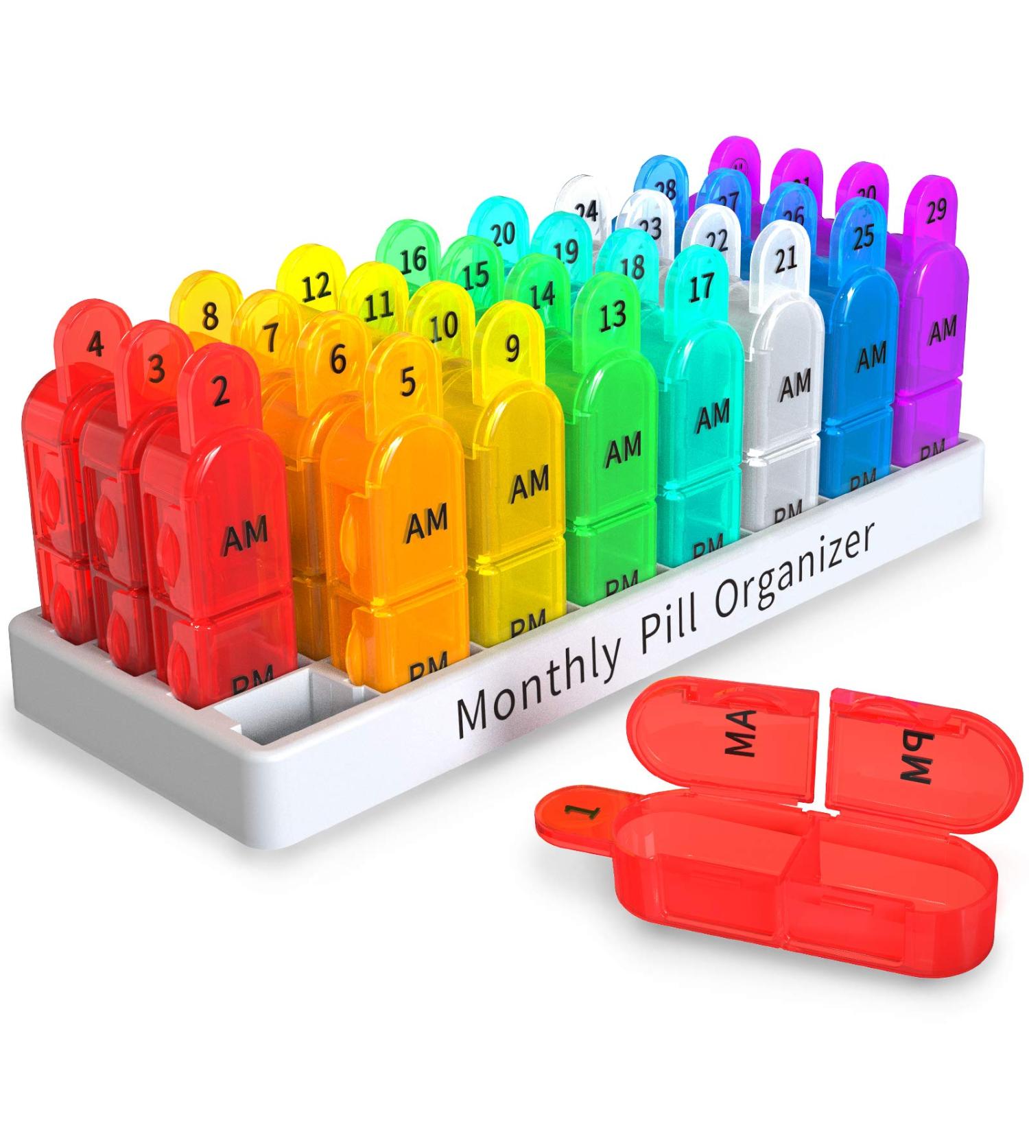 Monthly Pill Box Organizer - 2 Times a Day AM PM Medicine Box with 32 Compartments - Easy Open Design for Children, Elderly, and Arthritic Hands - Colorful - Buy Online on GoSupps.com