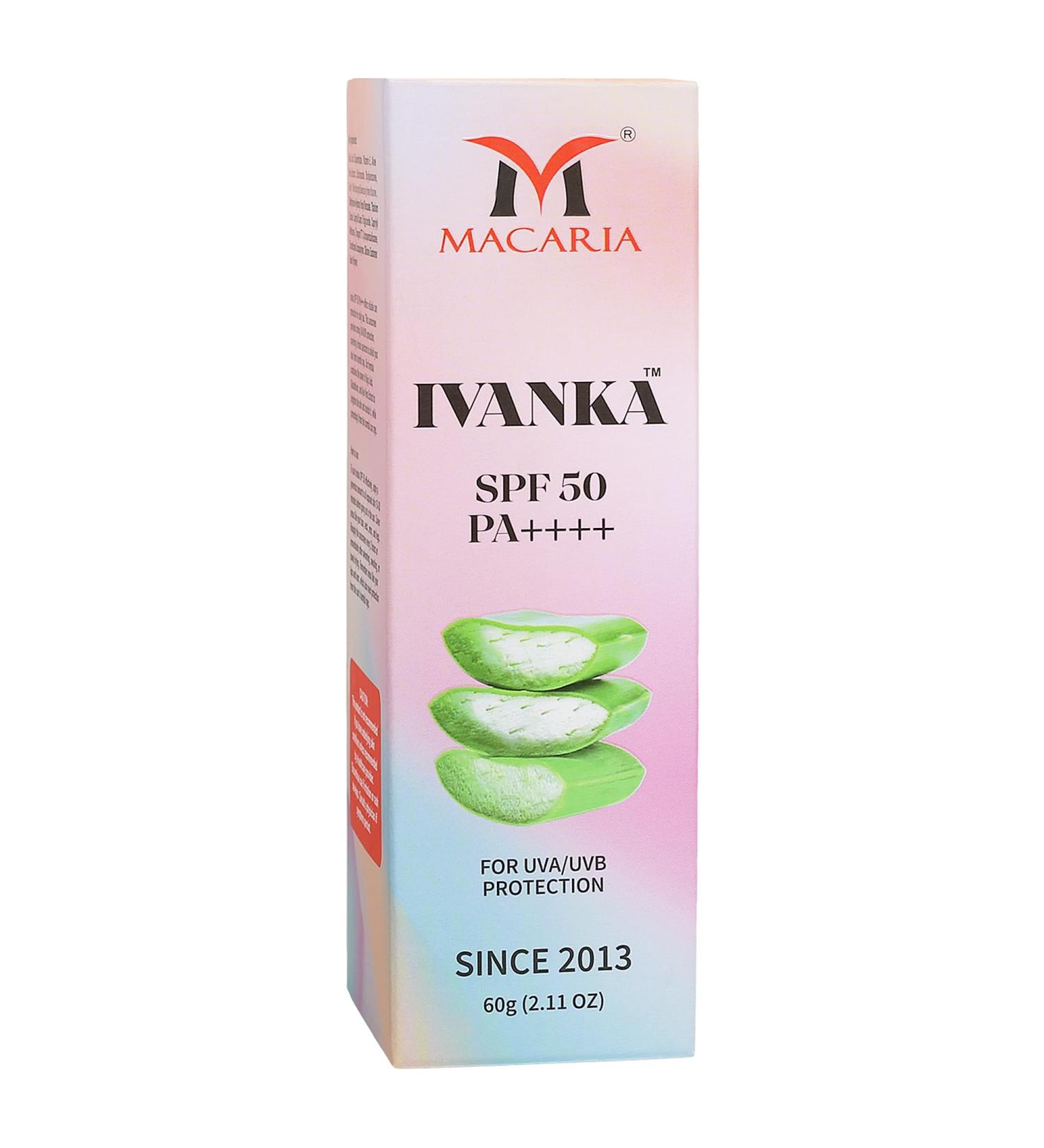 Macaria Ivanka SPF 50 PA++++ Sunscreen for Men Women & All Skin Types. with Full Spectrum Protection for Dry & Acne Prone Summer Skin Advanced Hydration & Non Greasy Formula for Face & Full Body - Buy Online on GoSupps.com