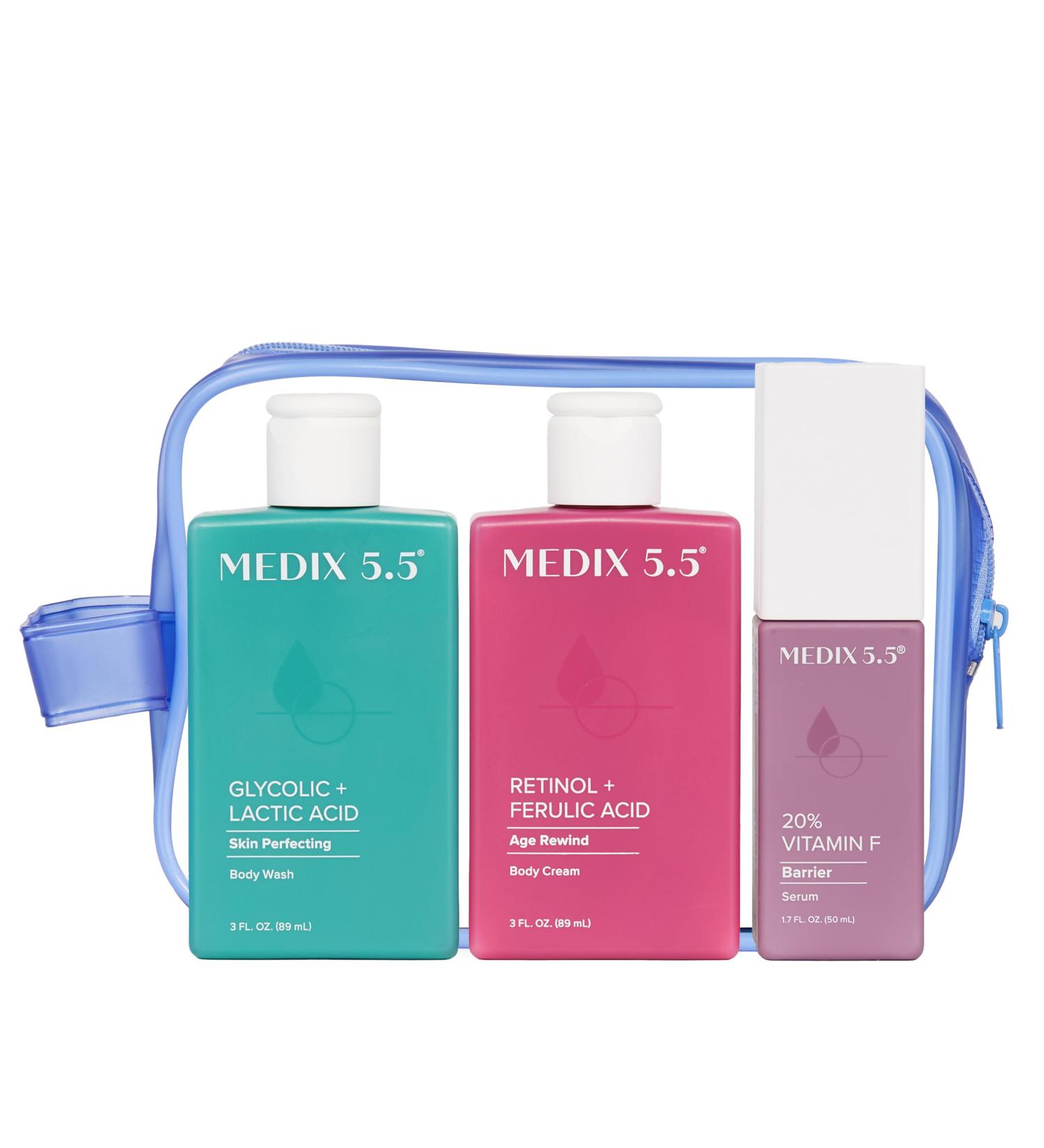 MEDIX 5.5 Best Sellers Travel Kit Skin Care Set - Retinol Body Lotion + Glycolic Acid Exfoliating Body Wash + 20% Vitamin F Body Oil 3PC Skincare Set | Crepey Skin Care Treatment 3 Piece Travel Kit - Buy Online on GoSupps.com