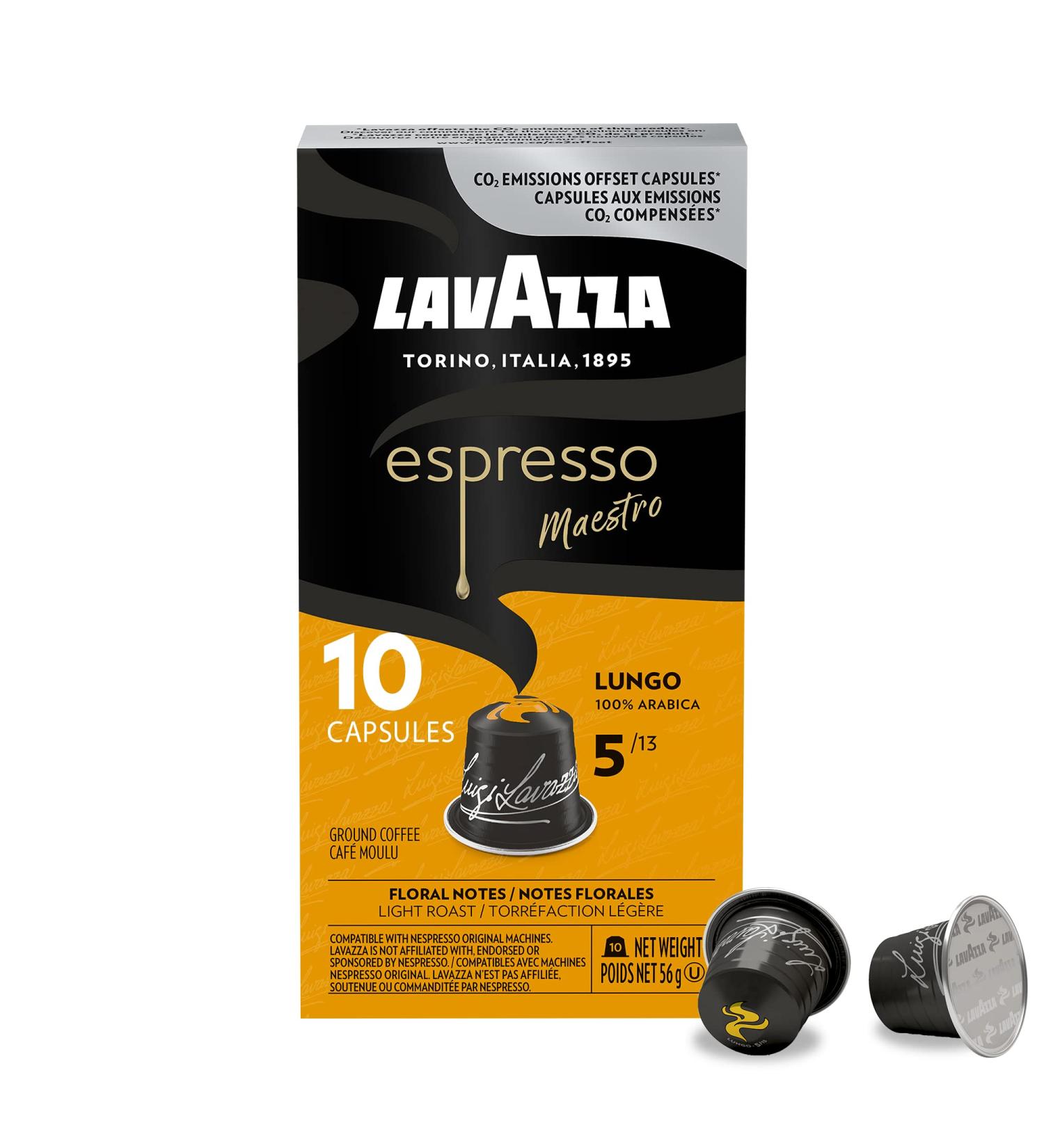 Lavazza Espresso Maestro Lungo Light Roast Coffee Capsules Compatible with Nespresso Original Machines Sweet and Aromatic 100% Arabica espresso lungo floral and fruit notes (100 pack) - Buy Online on GoSupps.com