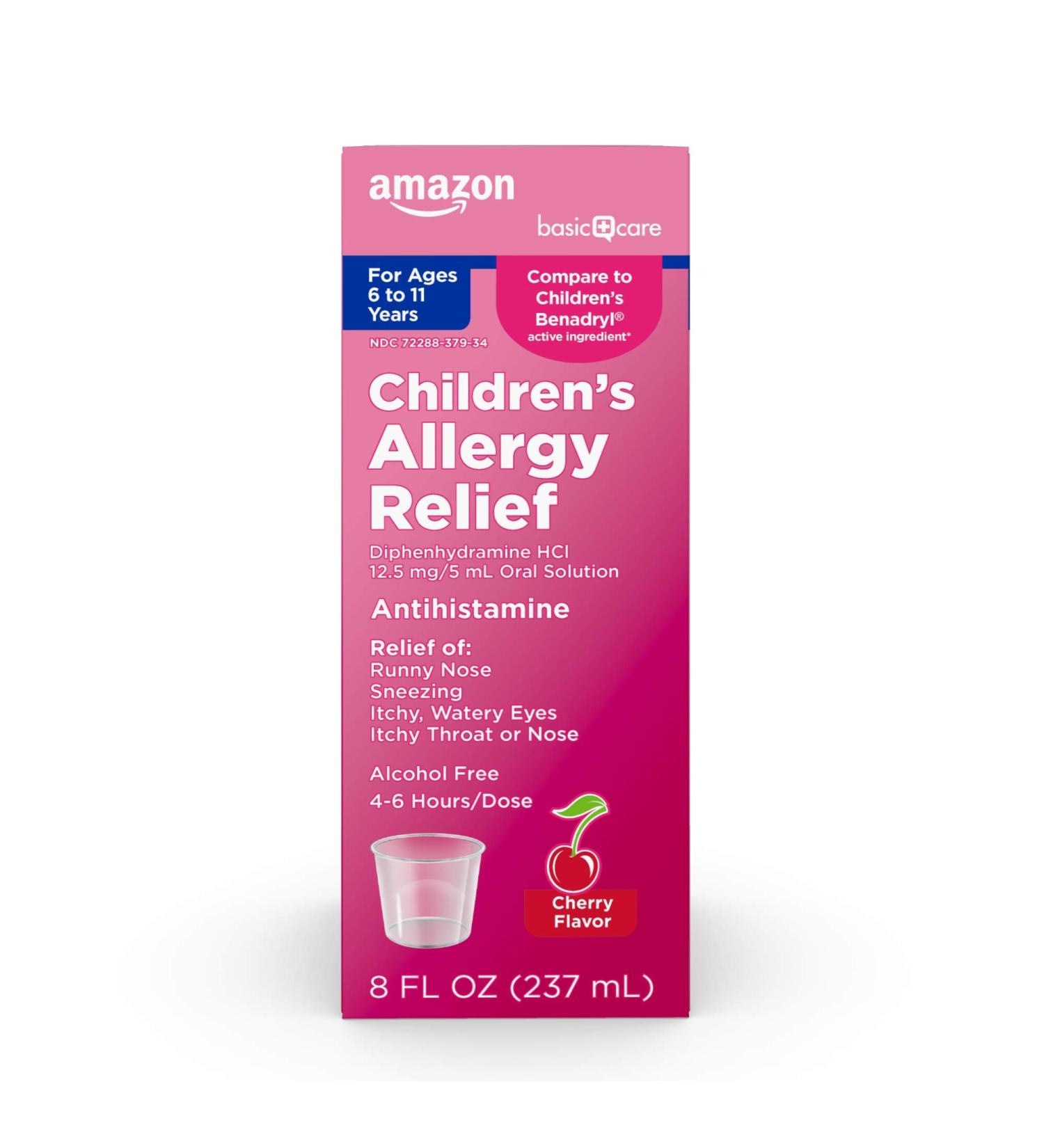 Amazon Basic Care Children's Allergy Relief Oral Solution - Diphenhydramine HCl Antihistamine - Cherry Flavor - 8 Fl Oz (Pack of 1) - Ages 6-11 Years - Buy Online on GoSupps.com