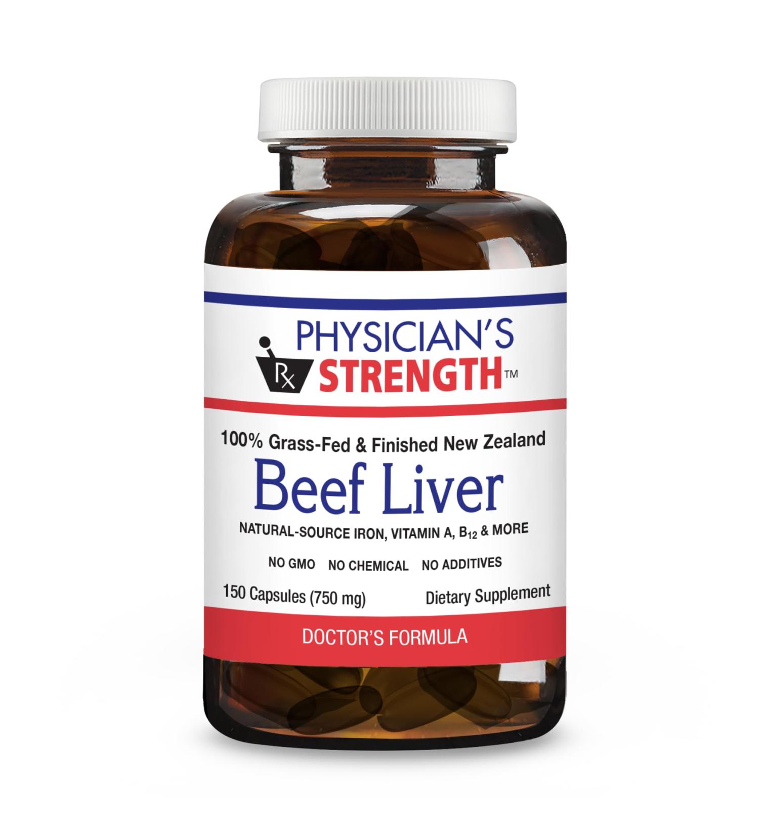 Physician's Strength Beef Liver - 150 Capsules - Natural Source of Iron Vitamin A & B12 - 100% Grass Fed - Non-GMO & No Additives - 30 Servings - Buy Online on GoSupps.com