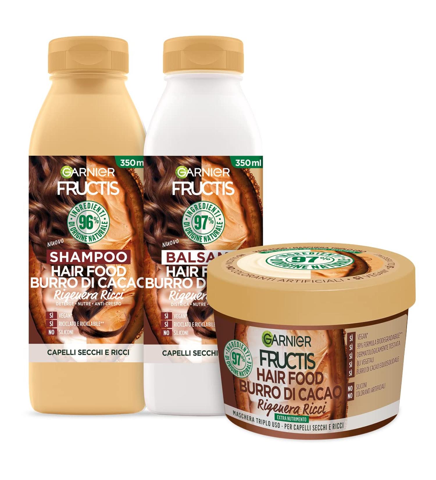 Garnier Fructis Hair Food Beurre de Cacao Shampoing 350ml + Apr s-Shampoing 350ml + Masque Triple Usage 390ml pour Cheveux Secs et Boucl s 98% d'Ingr dients d'Origine Naturelle - Lot de 3 - Buy Online on GoSupps.com
