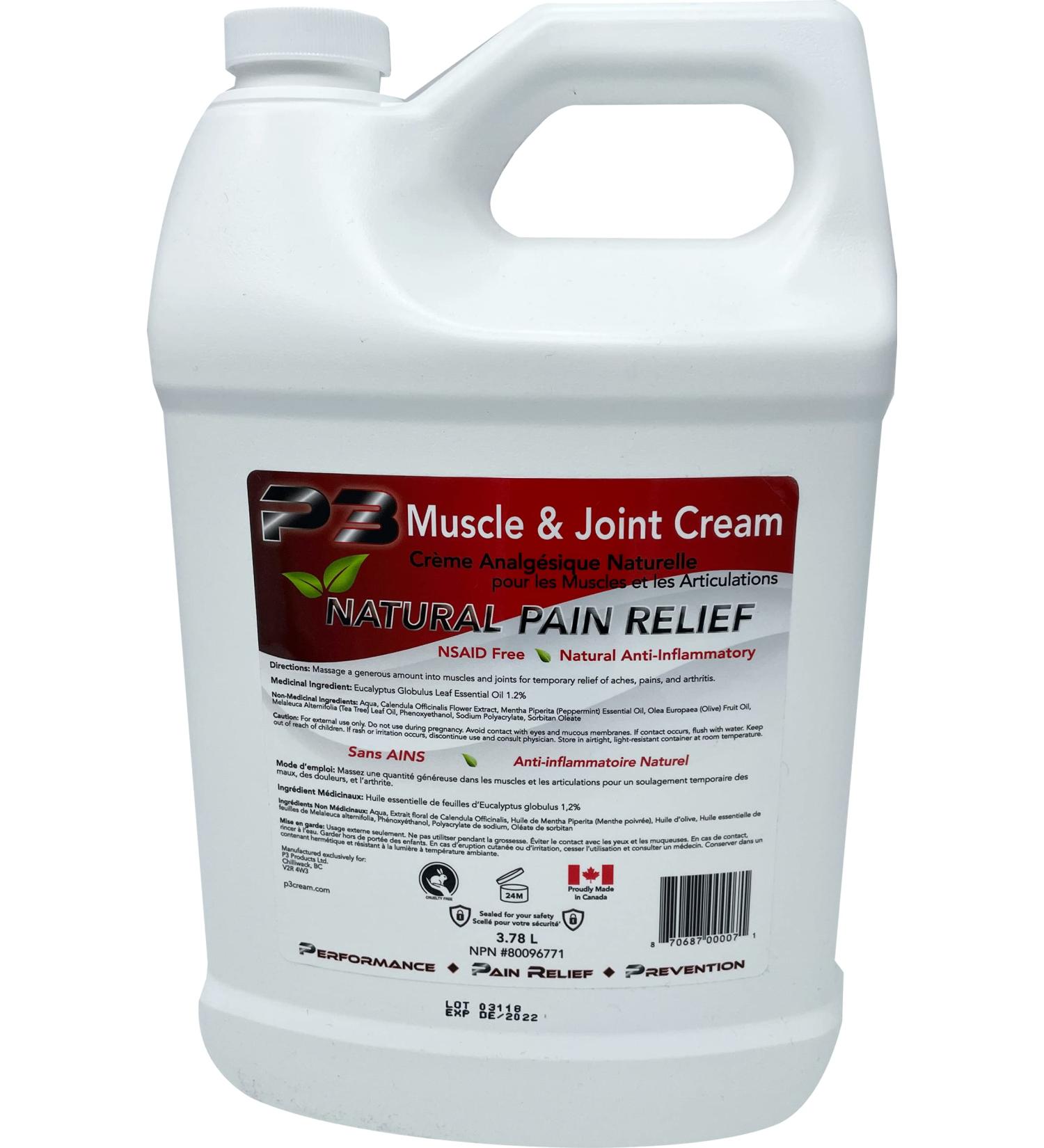 3.78L P3 Muscle & Joint Cream - Sustainably sourced safe for all ages fresh scented muscle pain relief cream. alcohol and methyl salicylate free - Buy Online on GoSupps.com