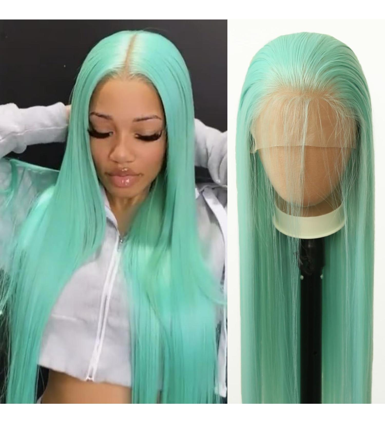 Mint Green Long Straight Synthetic Lace Front Wig for Black Women - Heat Resistant Fiber Hair, Pre Plucked Natural Hairline - Ideal for Cosplay and Daily Wear - Buy Online on GoSupps.com