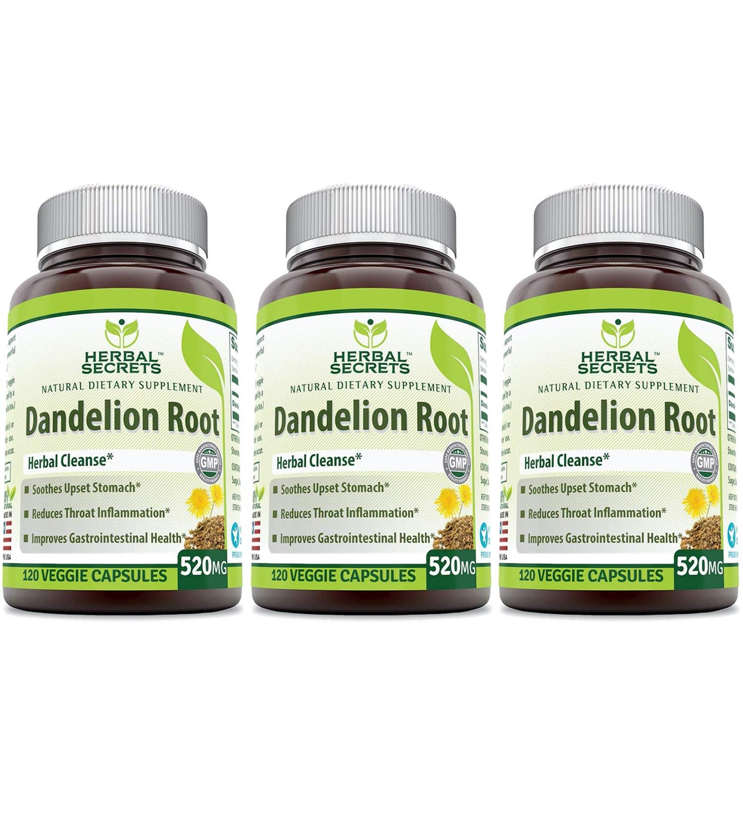 Herbal Secrets Dandelion Root 520mg - Non-GMO Veggie Capsules for Gut Health & Inflammation Relief (Pack of 3) - 120 Count - Buy Online on GoSupps.com