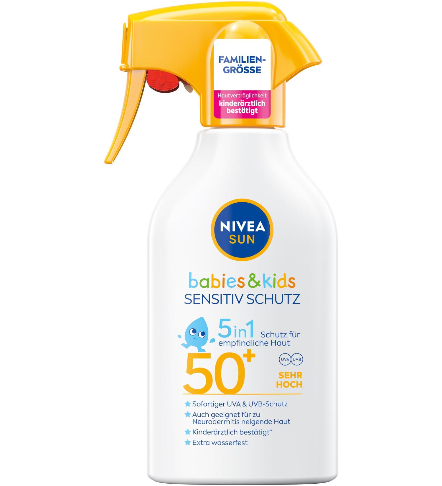 Beiersdorf NIVEA SUN Babies & Kids Sensitiv Schutz Sun Spray SPF 50+ Extra Waterproof Sun Cream in Trigger Spray Format Fragrance Free Sun Protection for Children's Skin (270ml)