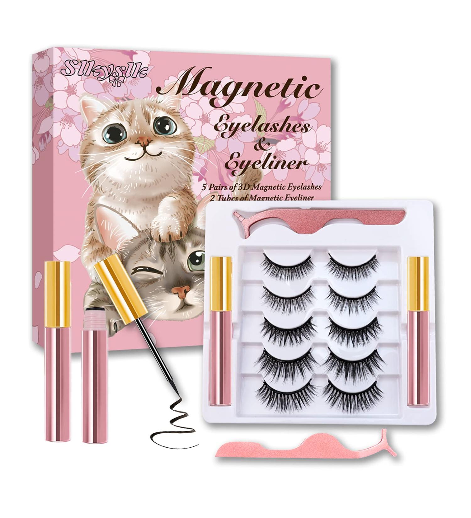 Slkyslk Magnetic Eyelashes with Eyeliner Kit - 5 Pairs Reusable Short and Long 3D False Eyelashes - Natural Look, Waterproof Liquid Liner, No Glue Needed - Buy Online on GoSupps.com