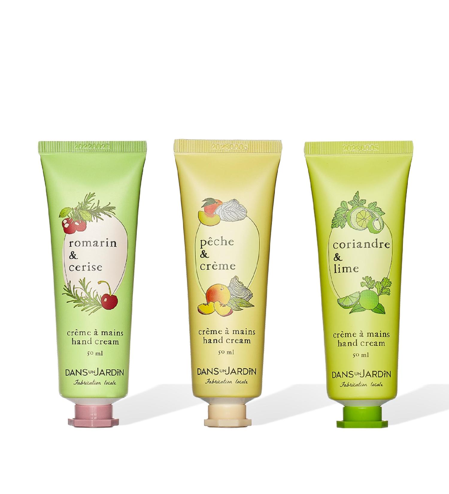 DANS UN JARDIN - Pack of 3 Hand Cream Made in Canada - Rosemary & Cherry Coriander & Lime Peach & Cream - Soft Repairing Nourishing - 99% Natural Origin Ingredients - Hydrate and Protect - 3x50ml - Buy Online on GoSupps.com
